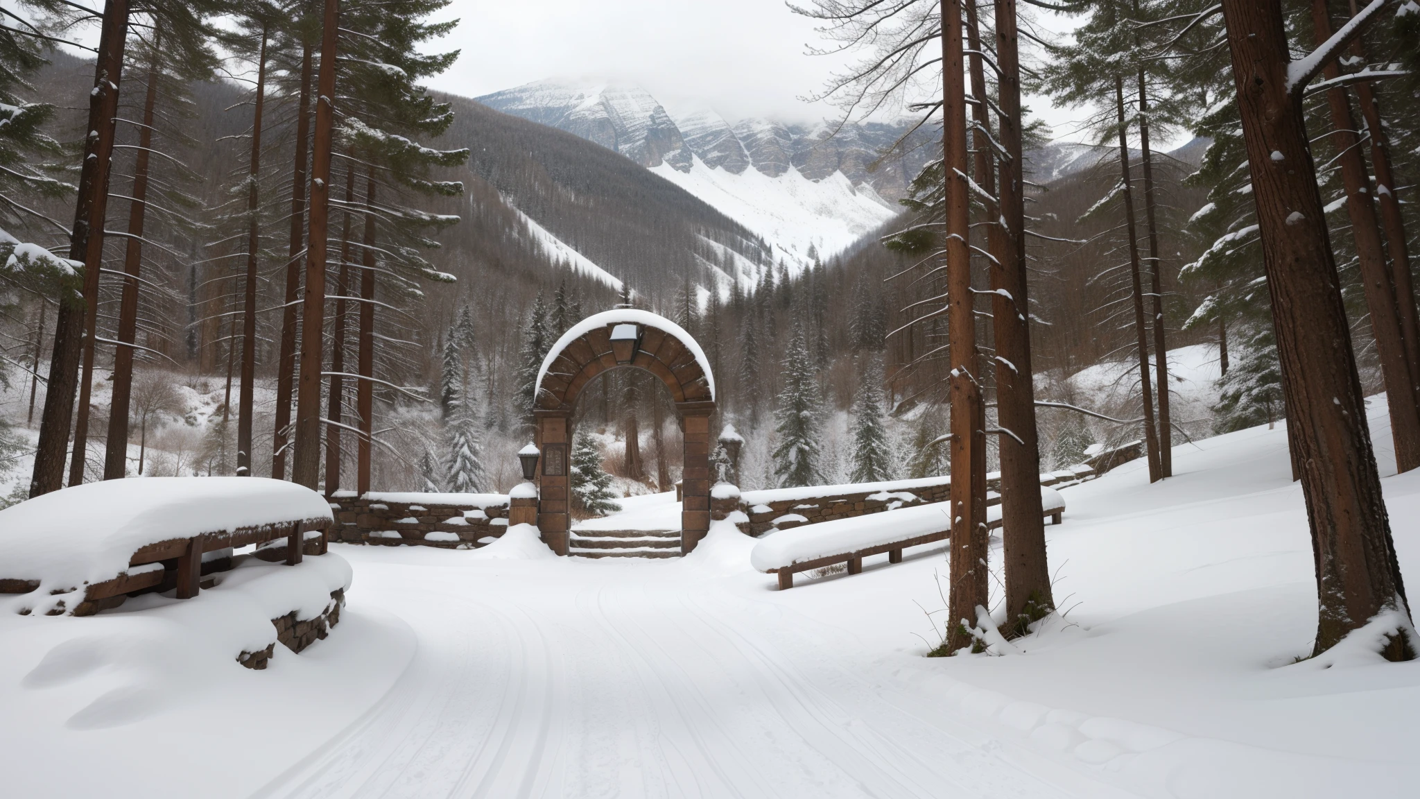 Snowy archway in a mountain valley, 