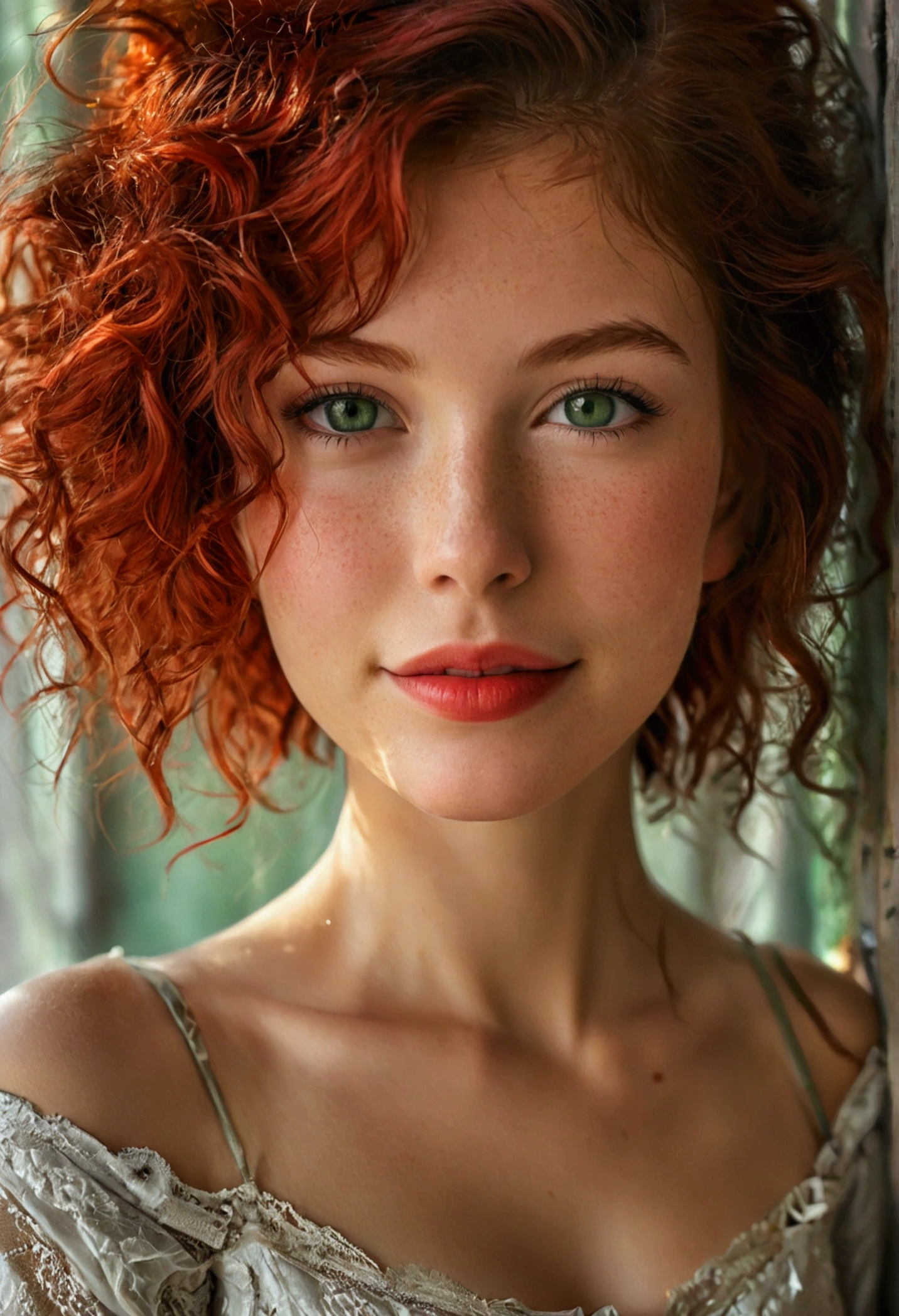 jeune femme aux cheveux rouges, yeux verts, seins moyens, sens soutien gorge, souriant, cheveux en queue de cheval désordonnés, texture de peau la plus réaliste