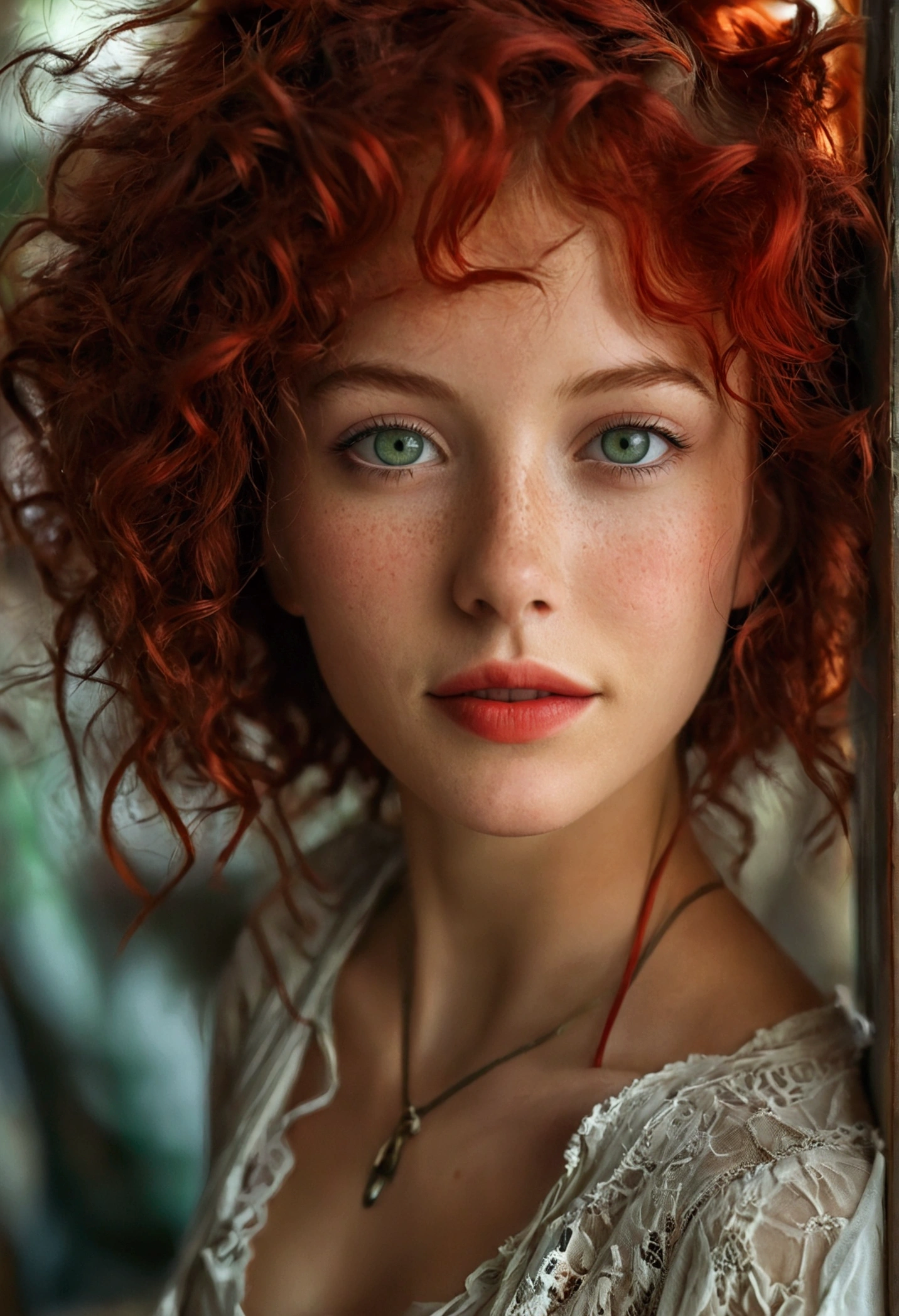 jeune femme aux cheveux rouges, yeux verts, seins moyens, sens soutien gorge, souriant, cheveux en queue de cheval désordonnés, texture de peau la plus réaliste