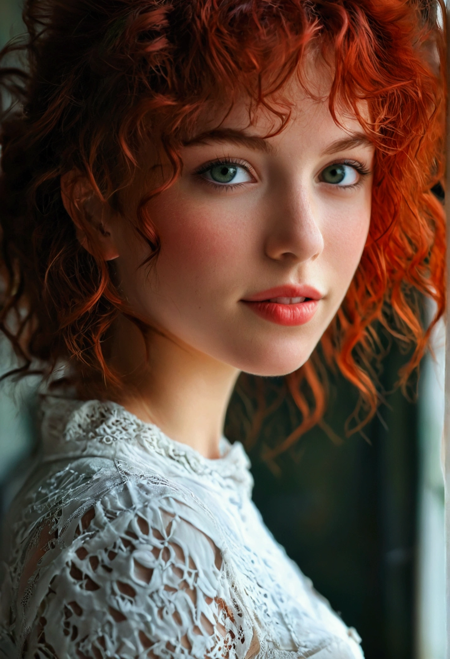 jeune femme aux cheveux rouges, yeux verts, seins moyens, sens soutien gorge, souriant, cheveux en queue de cheval désordonnés, texture de peau la plus réaliste