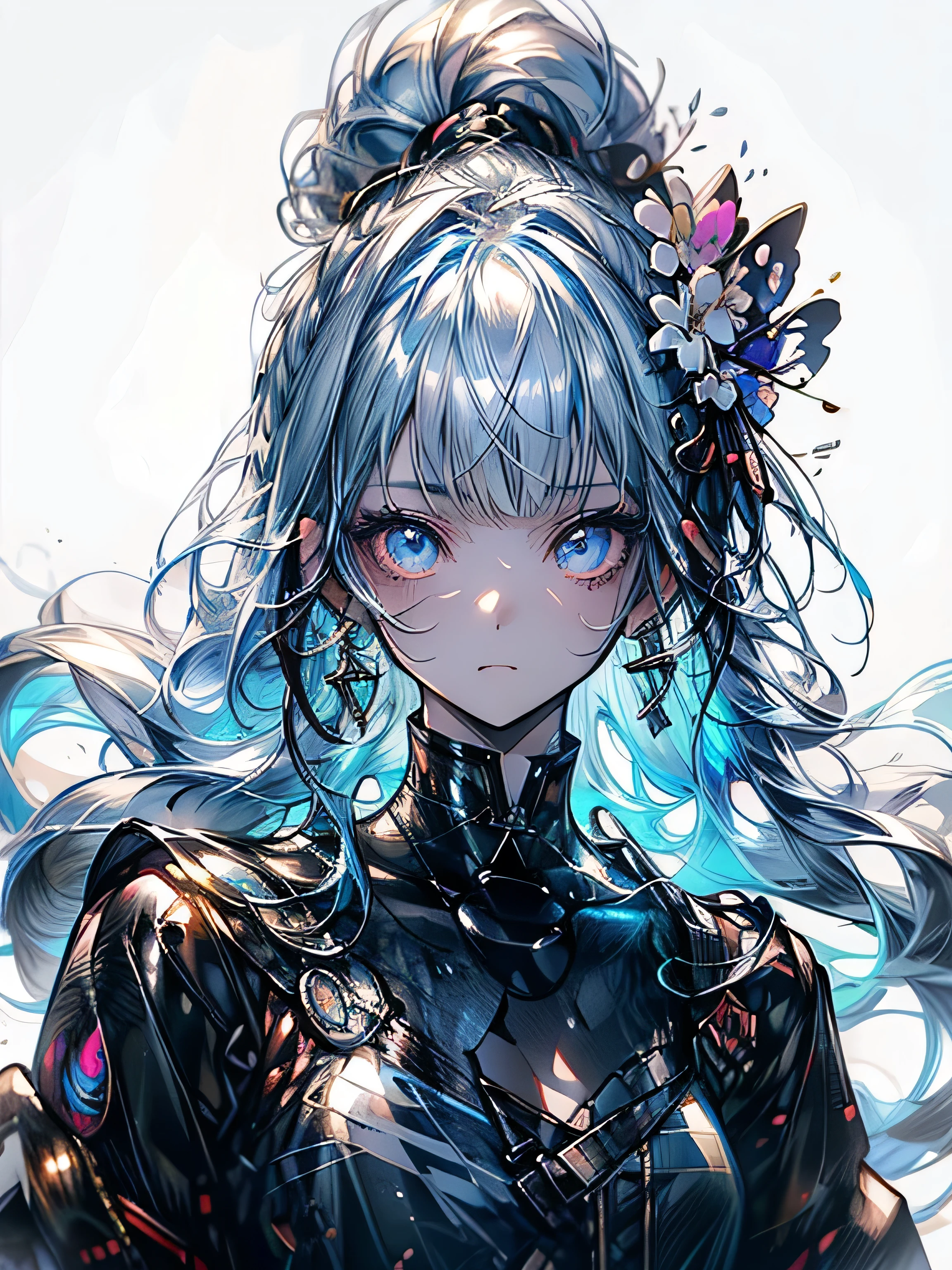 (masterpiece), (best quality), (ultra detailed),(disheveled hair),(illustration), (1girl), (Fashionable clothing), standing, Fashion model, looking at viewer, (interview), (simple background),beautiful detailed eyes, delicate beautiful face, Floating,(high saturation),(colorful splashes),colorful bubble,(shining), focus on face, ponytail, kamisato ayaka, light blue hair, bangs, hair ring, floating flowers, floating hairs, (shining), best lighting, best shadow,