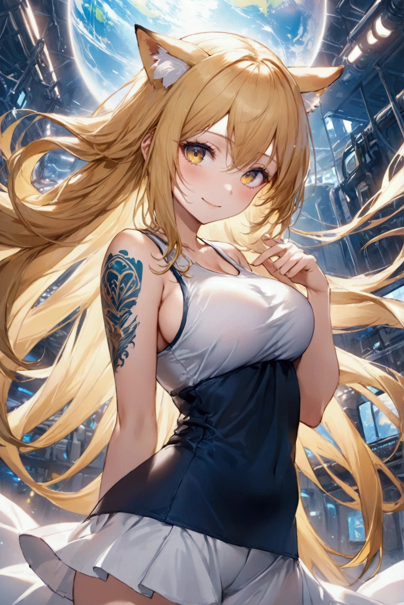 (Highest quality, 8k, 32K, masterpiece, Ultra-high resolution,:1.2),born, One girl,Super cute , Natural light,Clear, shining eyes, 20-year-old ,Fair skin, Girl with golden hair, Yankee, Sexy pose, An innocent smile, A fantasy background reminiscent of a dangerous electronic world, Random hairstyle, Long Hair, Long Hair, Large Breasts, Tank top, Yankee座り, bad, Tattoo, Fox-like woman, Slanted Eyes, Eyes like a fox