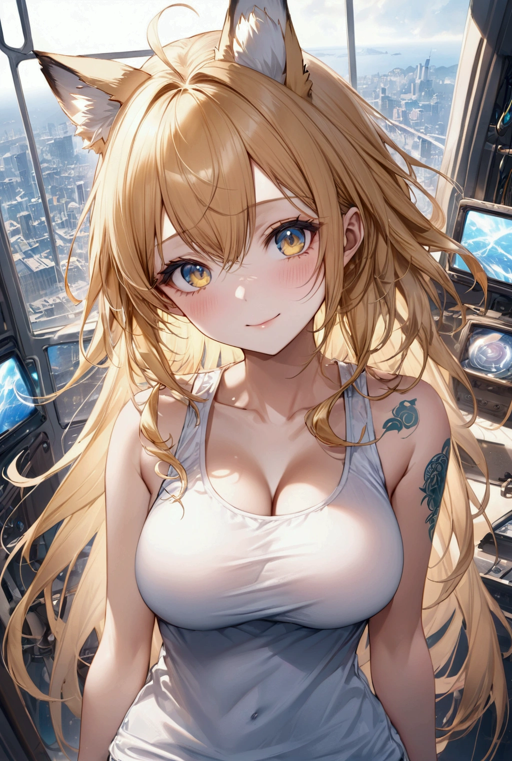 (cityscape on a table in front of a giantess breasts and face: 1.3), (cityscape on a table in front of a giantess looking down on them), cleavage, (:3), orange hair, (nipples), bedroom background, wooden table, sunkissed skin, orange skin, orange eyes, big thighs, looking down