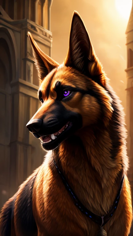 a beautiful red and brown German Shepherd with golden yellow tones, very strong and large Highly detailed, 8k, hyper realist, photorrealistic, gorgeous detailed purple eyes, beautiful detailed nose, beautiful detailed mouth, extremely detailed skin texture, extremely detailed facial features, beautiful lighting, ambient occlusion, Depth of field, details Intricate, striking colors, Vibrant Palette, dramatic shadows, film composition, Fantasyart, digitalpainting