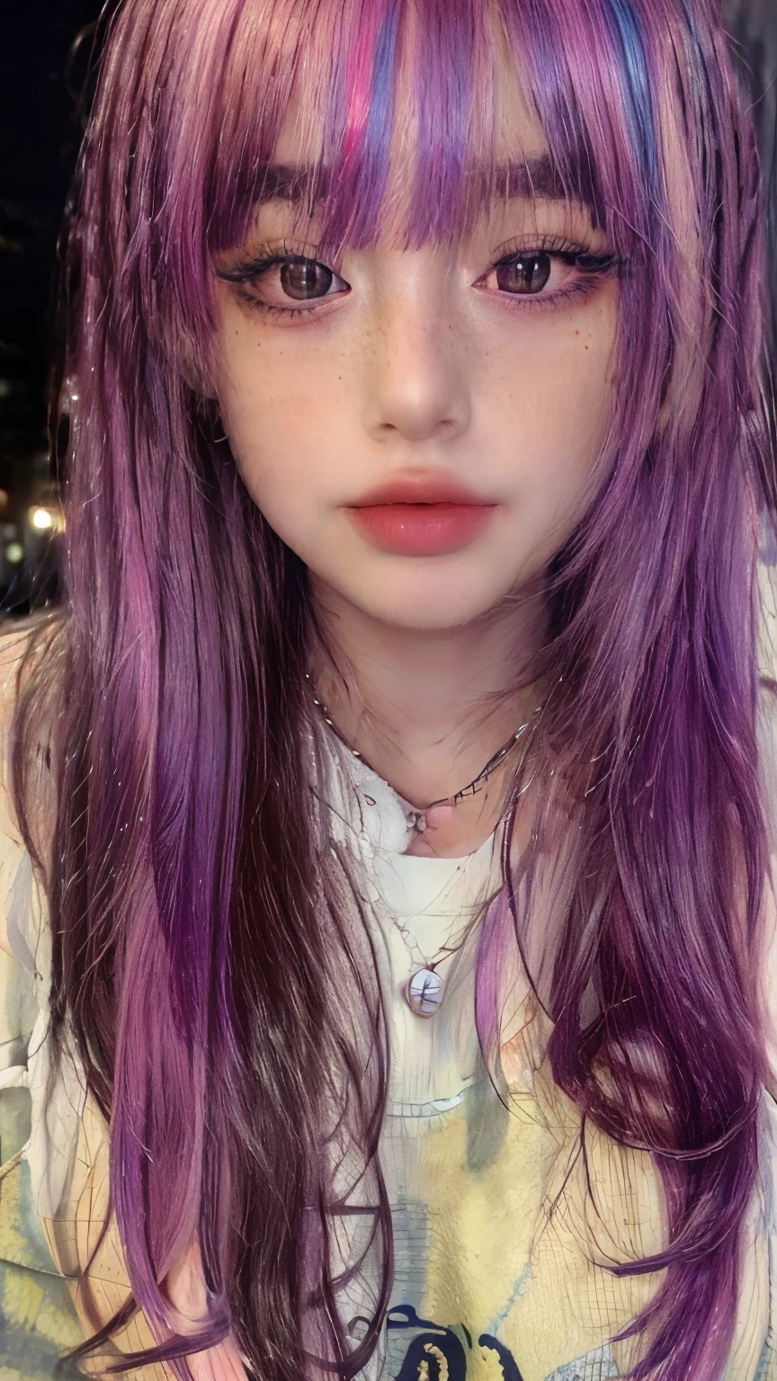 masterpiece, Highest quality,Realistic,Absurd,One Girl,View your audience,Egirl_face, night, street, face detail, face retouch,笑face, Laughter, Thin bangs, Lock, blush, freckles, Rainbow Hair, Full body image, Oversized sweatshirt,She is leaning forward and her breasts are visible.