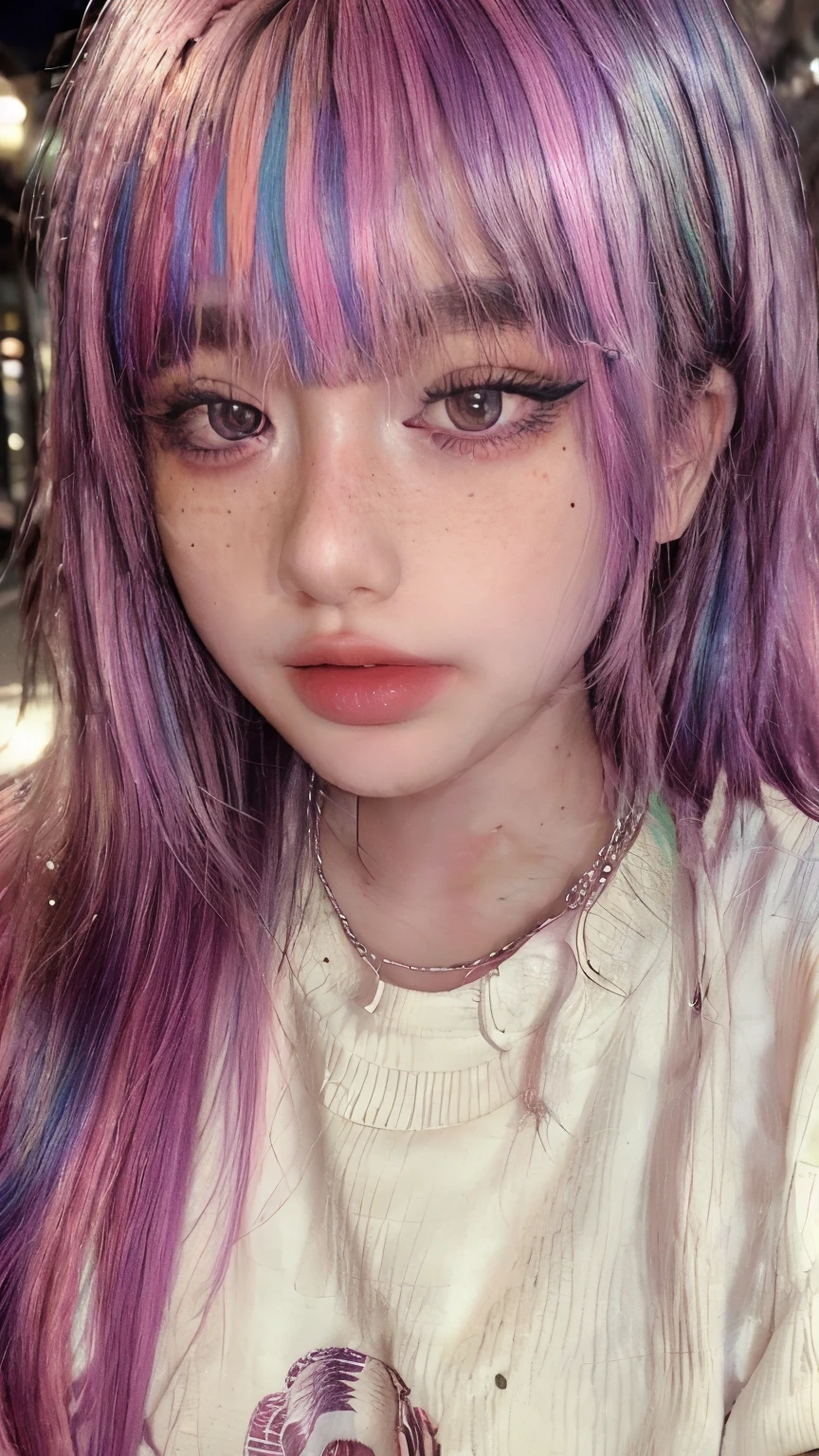 masterpiece, Highest quality,Realistic,Absurd,One Girl,View your audience,Egirl_face, night, street, face detail, face retouch,笑face, Laughter, Thin bangs, Lock, blush, freckles, Rainbow Hair, Full body image, Oversized sweatshirt,She is leaning forward and her breasts are visible.