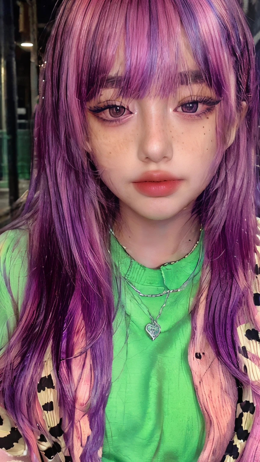 masterpiece, Highest quality,Realistic,Absurd,One Girl,View your audience,Egirl_face, night, street, face detail, face retouch,笑face, Laughter, Thin bangs, Lock, blush, freckles, Rainbow Hair, Full body image, Oversized sweatshirt,She is leaning forward and her breasts are visible.