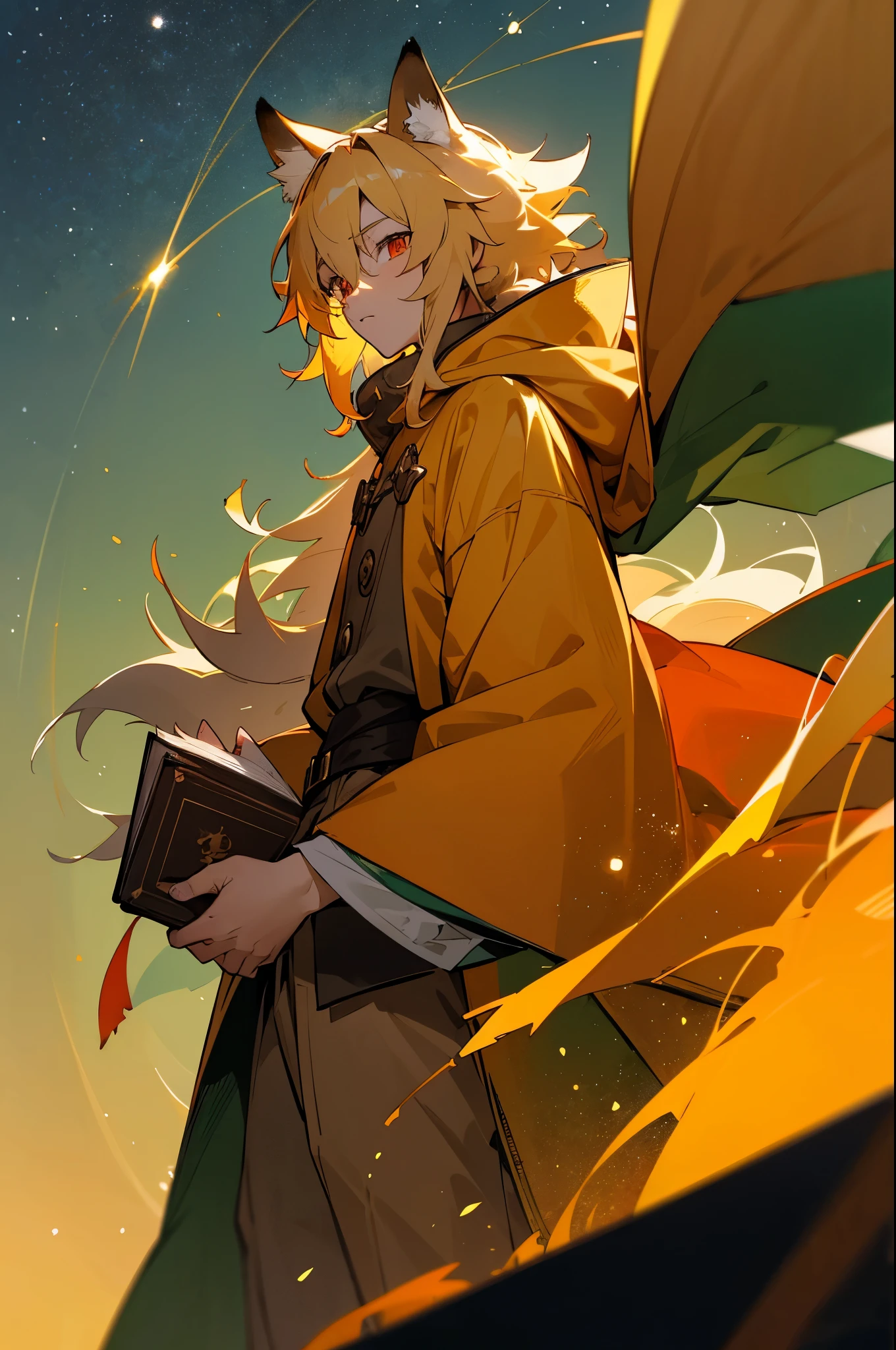 1 fox boy, Shota, Shaggy, Skin fur, Golden fur, Golden yellow face fur, Long Blonde Hair, Eyes have light, Red Eyes, Green coat with green hood on, Brown pants, Read magic books, Ultra-fine fur, fluffy tail, (Solo), Full body, Starry sky, meteors