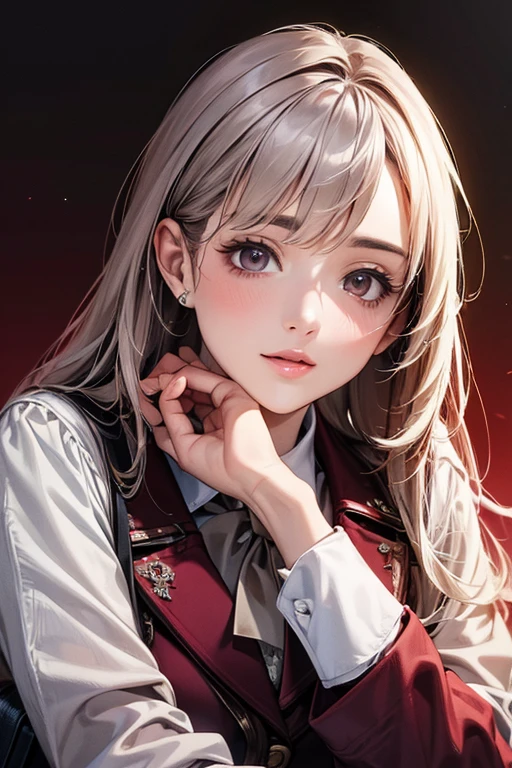 ((Highest quality)),(超High resolution),(Very detailed),(Detailed Description),((The best CG)),(masterpiece),Ultra-detailed art、(Highest quality、8k、32K、masterpiece)、(Realistic)、(Realistic:1.2)、(High resolution)、Very detailed、Very beautiful face and eyes、1 female、((High school girls:1.3))、Tight waist、Delicate body、(Highest quality、Attention to detail、Rich skin detail)、(Highest quality、8k、Oil paints:1.2)、Very detailed、(Realistic、Realistic:1.37)、Bright colors、Custom Uniforms、Light grey blazer with silver buttons、White blouse with lace collar、Pleated skirt of maroon color、Knee-length、Maroon bow tie、White knee-high socks、Black Mary Jane Shoes、A light grey blazer with the school emblem on the breast pocket、Maroon school bag with silver trim