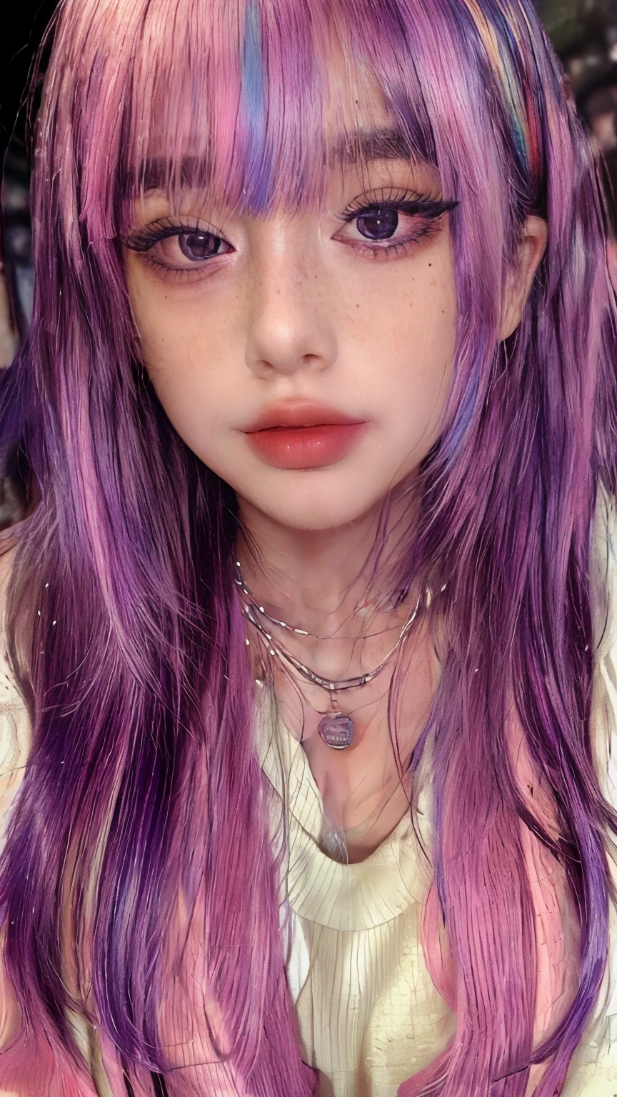 masterpiece, Highest quality,Realistic,Absurd,One Girl,View your audience,Egirl_face, night, street, face detail, face retouch,笑face, Laughter, Thin bangs, Lock, blush, freckles, Rainbow Hair, Full body image, Oversized sweatshirt,She is leaning forward and her breasts are visible.