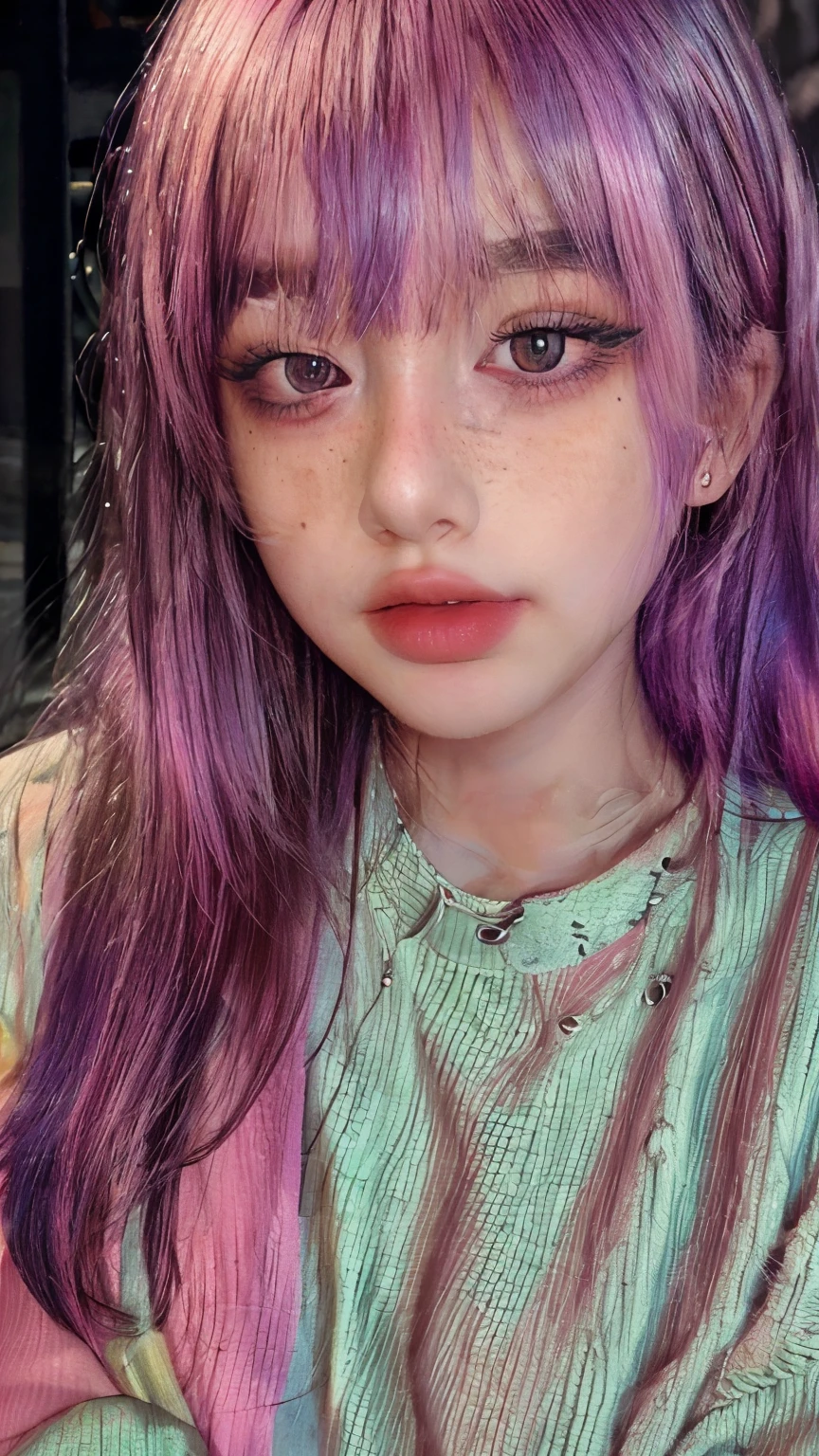 masterpiece, Highest quality,Realistic,Absurd,One Girl,View your audience,Egirl_face, night, street, face detail, face retouch,笑face, Laughter, Thin bangs, Lock, blush, freckles, Rainbow Hair, Full body image, Oversized sweatshirt,She is leaning forward and her breasts are visible.