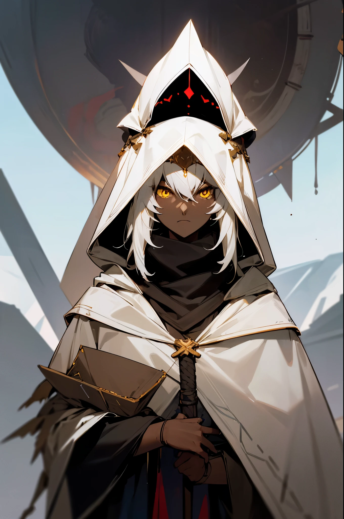 best res, highest res, absurd res, (((((dark skin))))), yellow eyes, whitish hair, (((nomad cloak))), 1girl, absurd res, good face
