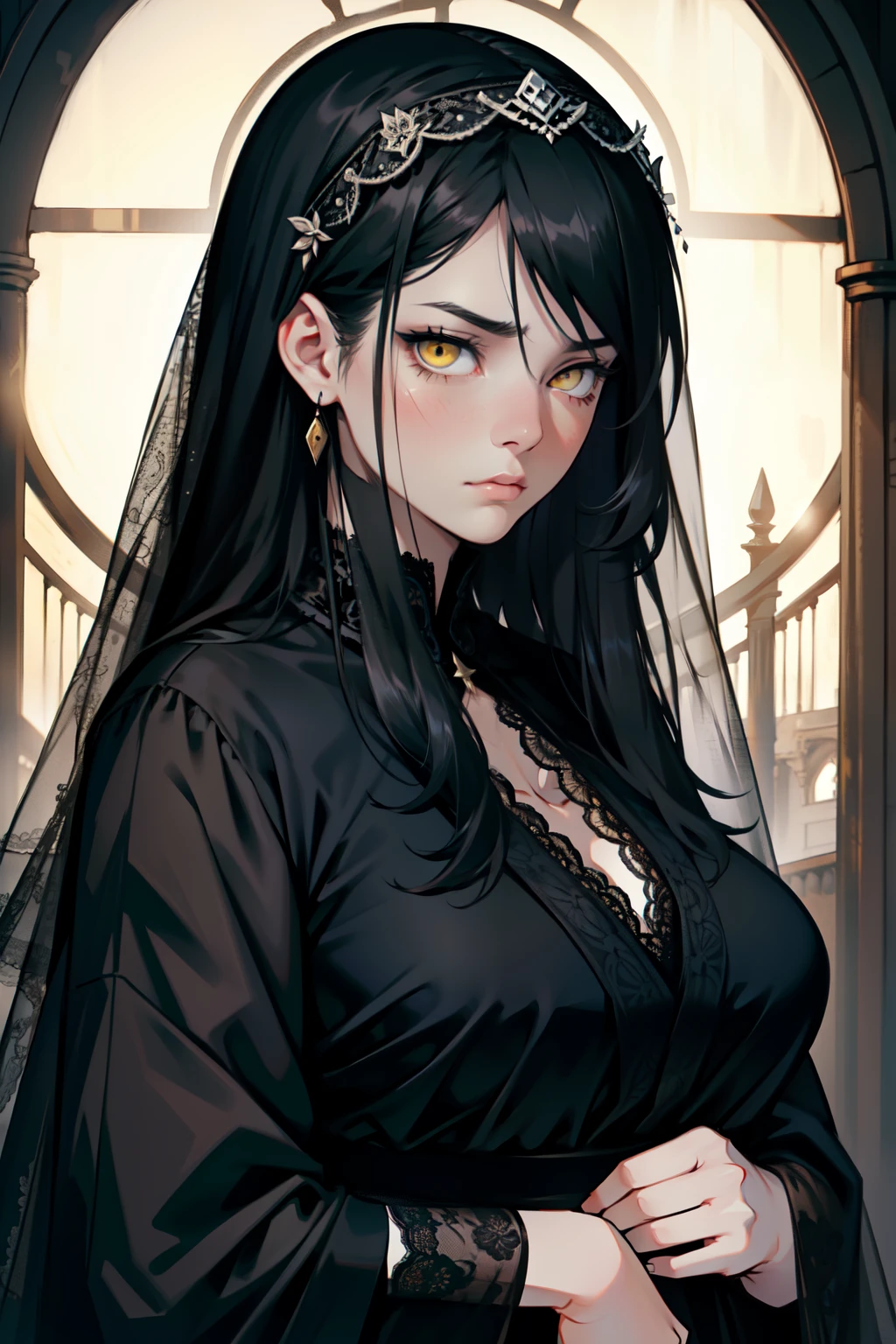 expressionless sad sad sad girl dark atmosphere veil black hair yellow eyes pale skin muscular girl huge breasts traditional clothes lace fabric gloomy veil 