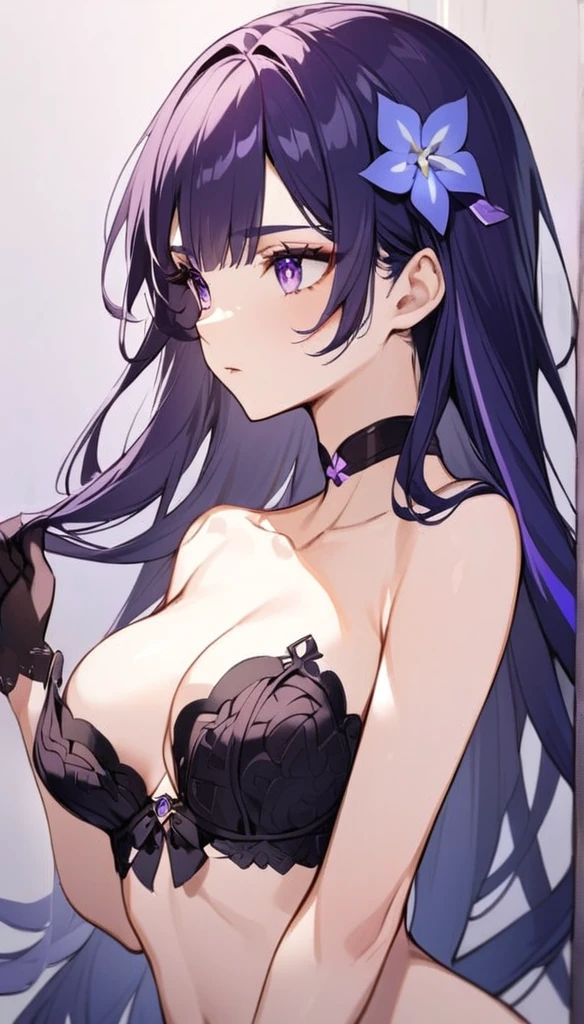 Beautiful Raiden from Genshin Impact in lingerie,fitting sized strapless bra,bare belly,gloves extending to elbows,choker,collarbone