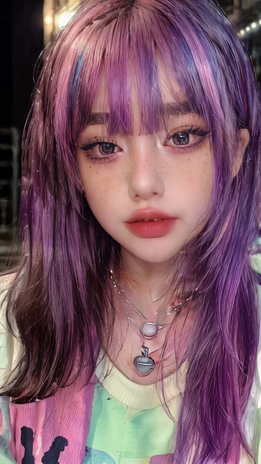 masterpiece, highest quality,Realistic,Absurd,One girl,View your viewers,Egirl_face, night, street, face detail, face retouch,笑face, Laughter, Thin bangs, chain, blush, freckles, Rainbow Hair, Full Body View, Oversized sweatshirt,She is leaning forward and her chest is visible.