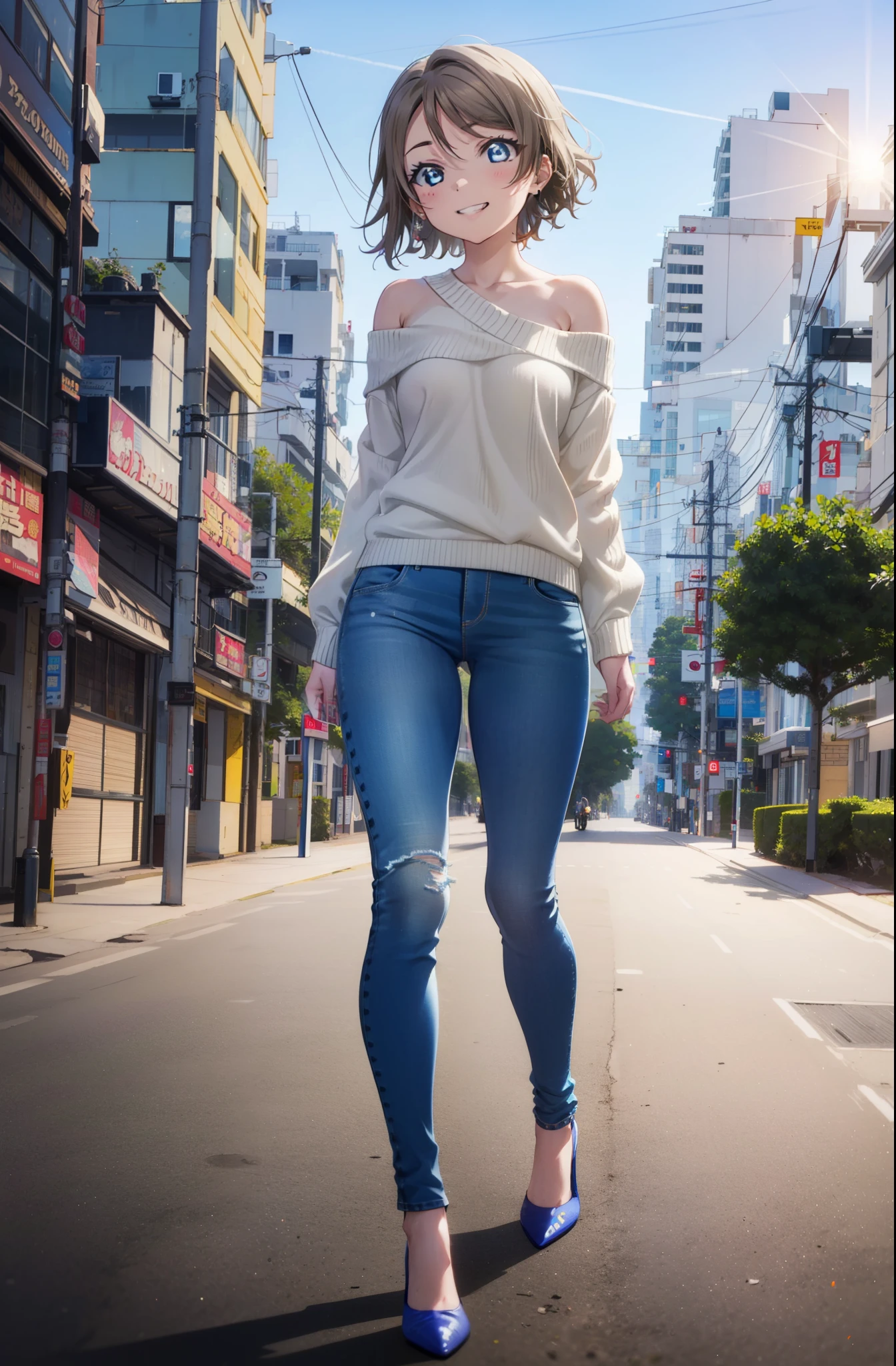 Yo Watanabe, Watanabe Yo, short hair, blue eyes, Brown Hair, smile, Grin,One-shoulder sweater,Skinny jeans,Stiletto heels,Walking,morning,morning陽,The sun is rising,So that the whole body goes into the illustration,
Destroy outdoors, Destroying a city of buildings, looking at viewer, (Cowboy lll Destroy (masterpiece:1.2), Highest quality, High resolution, unity 8k wallpaper, (figure:0.8), (Beautiful attention to detail:1.6), Highly detailed face, Perfect lighting, Highly detailed CG, (Perfect hands, Perfect Anatomy),