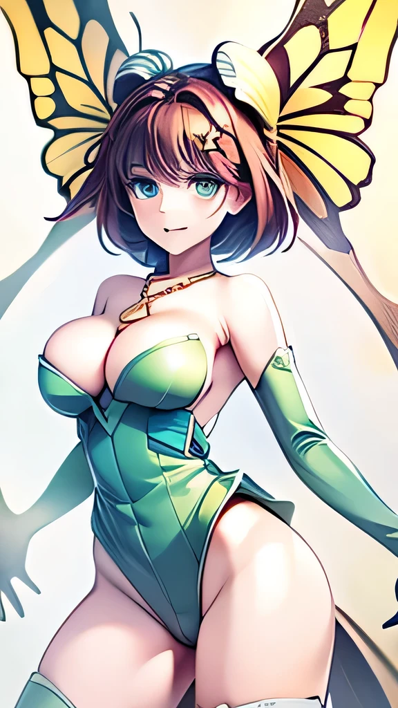((masterpiece,best quality,ultra-delicate,Perfect Face,16k,high resolution,very beautiful lady)),yellow butterfly wings on the head,brown medium short hair,black glossy oval hair ornaments:1.2,green leotard,green long boots ,green long arm gloves, large breasts,gold necklace,full body shot