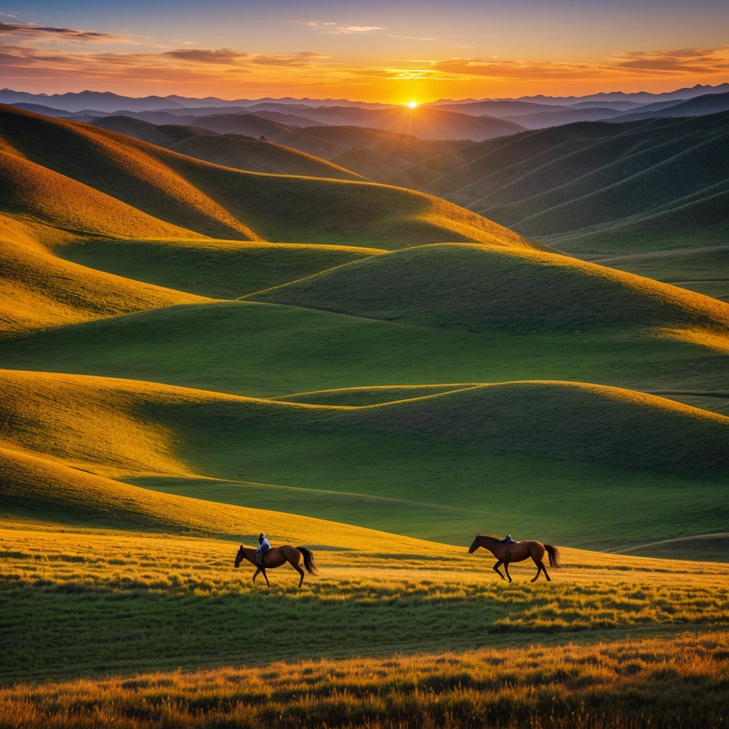 Digital art of a horse galloping through the hills at sunset