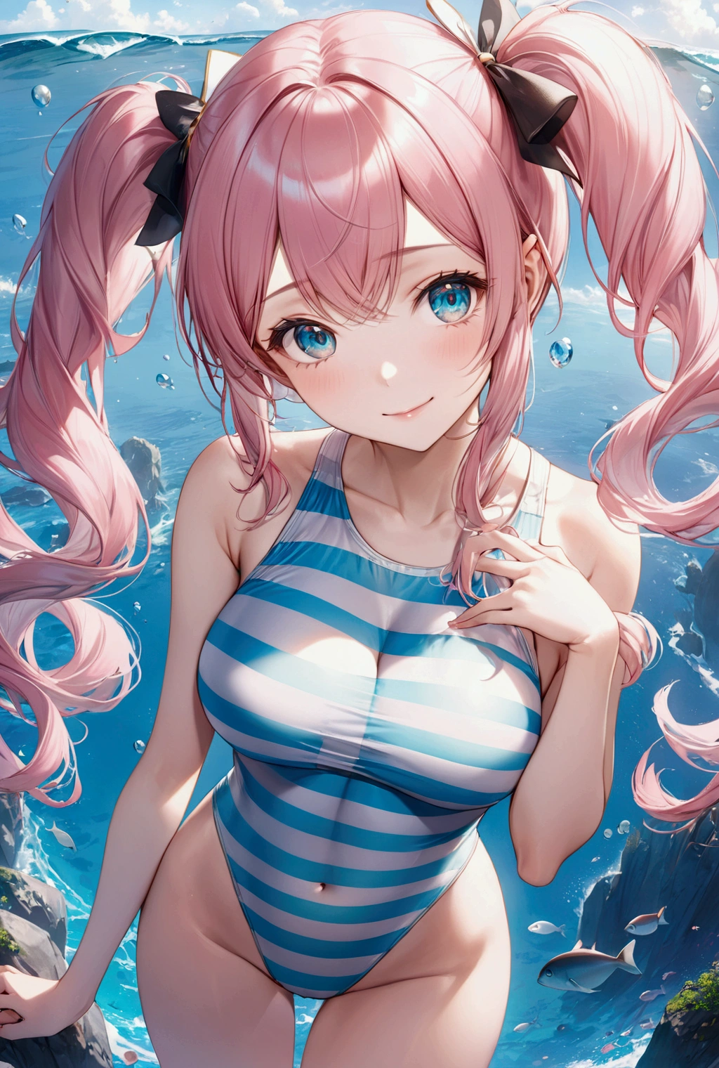 masterpiece, best quality, ultra detailed, best illustration, nsfw, 1girl, one-piece swimsuit, nakano nino, pink hair, butterfly hair ornament, おっぱい