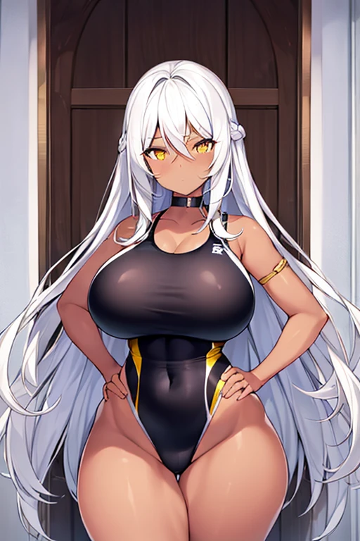 1girl, dark skin, black skin, dark-skinned female, white hair, long hair, large breasts, wide hips, thick thighs, sportswear, shy, timid, one-piece swimsuit, competition swimsuit, hourglass figure, mature female, yellow eyes, toned