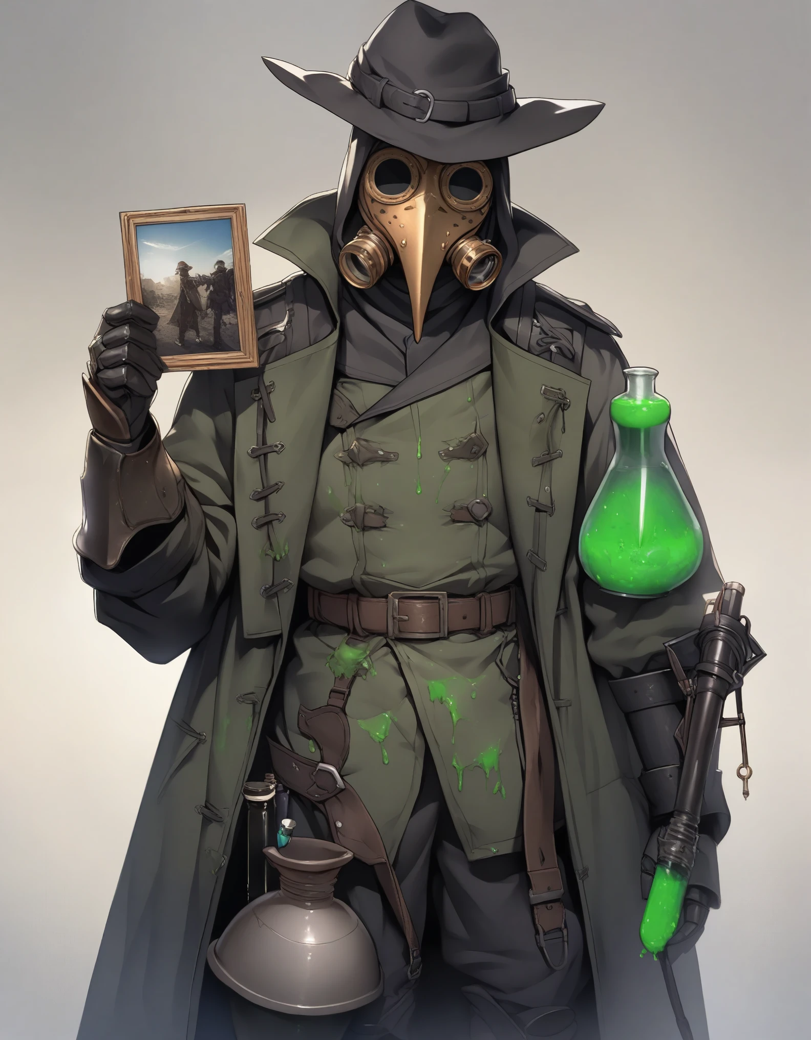 Solo, Score_9, score_8_up, score_7_up, male warlock, black wide brimmed hat, plague doctor mask, green glow on plague doctor mask, belt with potions, vials, sacks of reagents, brown over coat, heavy armored boots, gauntlets with syringes and green fluid tubes, leaning on shovel, holding a photo and looking at it, mid angle shot, full body, armored pants, leather armor strapped onto over coat, metal beak on plague doctor mask, holding photo in one hand, looking towards camera, relaxed, comfortable, showing off a photo, proudly displaying photo, in love. 