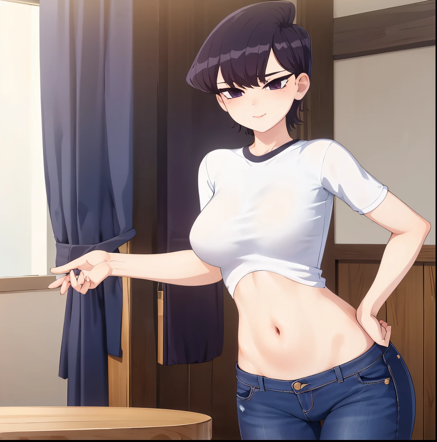 ((1girl)),((alone)), komi shuuko,(masterpiece), (best quality), (ultra detailed), (best illustration), (best shadow), (absurdities), sharp focus, cowboy shot , dynamic posture looking at the viewer, big breasts, narrow waist, wide hips, wide thighs, round butt, erotic, romantic, (very detailed eyes, lips 1.1), very detailed eyes, eyes, Very detailed face, Very beautiful face, height full, beautiful slim figure, femininity, expressive appearance, elastic large breasts, increased sexuality, short hair, dark purple hair, parted on the left side of the head, dark purple eyes, smiling, seductive, makeup, light pink lipstick, ( (beige shirt)), v-neck, short sleeves, neckline, ((denim jeans)), tight jeans, defined body, perfect and beautiful body, perfect and beautiful, closed mouth, smile, seductive smile, blushing, (pose sexy: 1.2), ((only)), standing: 1.3, interior, Japanese house, star room, armchair, table, window, night, looking forward, ((focus on hips)), point of view :( from below), red blush, perfect anatomy, perfect hands