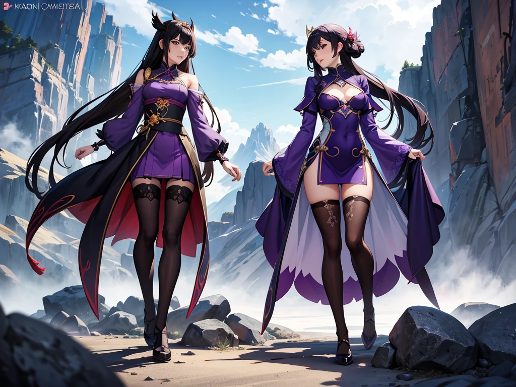 Anime Pleiade woman wearing a purple dress and black stockings standing in front of a mountain., cushart krenz art key women, Ayaka Genshin Impact, full body xianxia, artgerm style, extremely detailed artistic germ, by Yang J, Irelia, genshin impact keqing, rossdraws sakimimichan