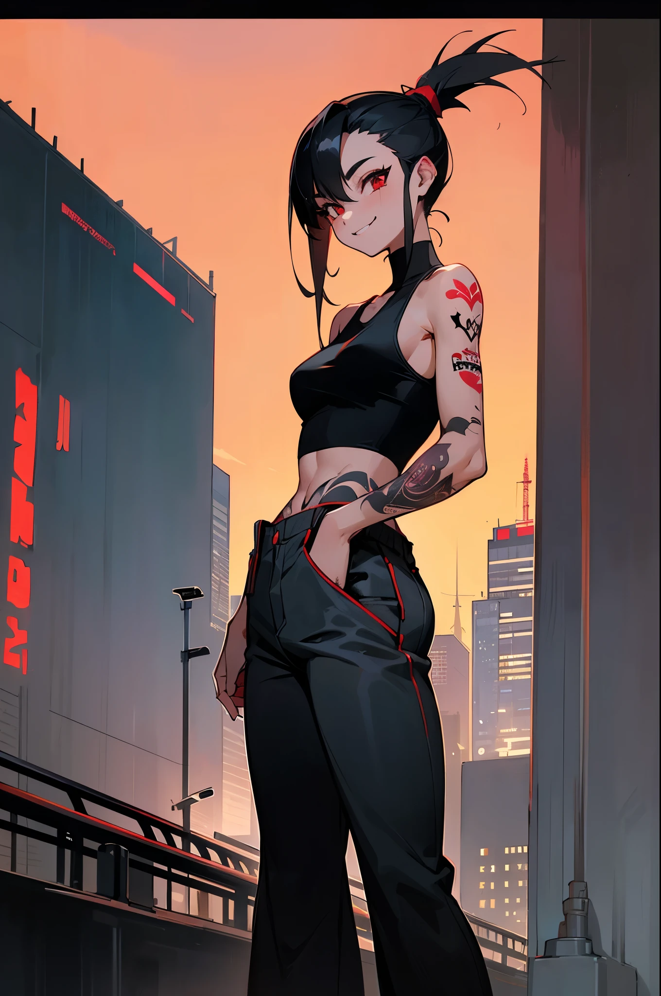 1female, black hair, spiked ponytail, red eyes, smiling, tattoos, black tanktop, red baggy pants, city background, detailed background, hands to side, standing on path