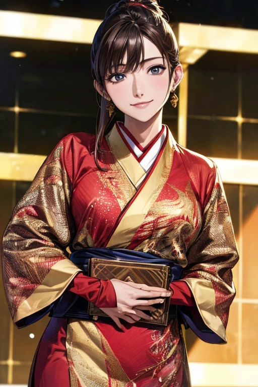 ((Highest quality)),(超High resolution),(Very detailed),(Detailed Description),((The best CG)),(masterpiece),Ultra-detailed art、(Highest quality、8k、32K、masterpiece)、(Realistic)、(Realistic:1.2)、(High resolution)、Very detailed、Very beautiful face and eyes、1 female、((:1.3))、Tight waist、Delicate body、(Highest quality、Attention to detail、Rich skin detail)、(Highest quality、8k、Oil paints:1.2)、Very detailed、(Realistic、Realistic:1.37)、Bright colors、A beautiful woman in her mid-twenties working in Ginza at night。((she、Japanese style chignon up style:1.8、Decorate with hairpins:1.3。))。The makeup is natural、Enhances natural beauty。((sheモダンにアレンジされた黒の着物風ドレス。Sleeves are short、Above-knee hem。Tightened with a red belt。A small clutch bag with a red and gold Japanese pattern。))。The neon lights of Ginza shine in the background.、It creates the atmosphere of a night town.。The style is realistic、Has a photo-like texture。she自信に満ちた表情で、Smiling at the camera。