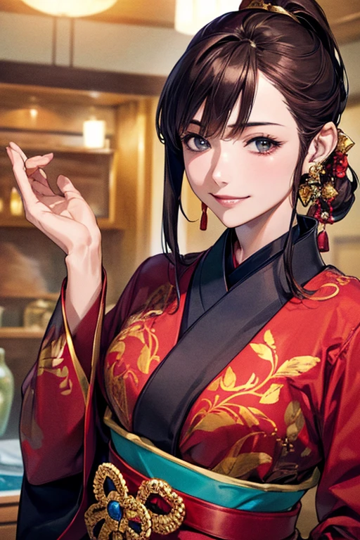((Highest quality)),(超High resolution),(Very detailed),(Detailed Description),((The best CG)),(masterpiece),Ultra-detailed art、(Highest quality、8k、32K、masterpiece)、(Realistic)、(Realistic:1.2)、(High resolution)、Very detailed、Very beautiful face and eyes、1 female、((:1.3))、Tight waist、Delicate body、(Highest quality、Attention to detail、Rich skin detail)、(Highest quality、8k、Oil paints:1.2)、Very detailed、(Realistic、Realistic:1.37)、Bright colors、A beautiful woman in her mid-twenties working in Ginza at night。((she、Japanese style chignon up style:1.8、Decorate with hairpins:1.3。))。The makeup is natural、Enhances natural beauty。((sheモダンにアレンジされた黒の着物風ドレス。Sleeves are short、Above-knee hem。Tightened with a red belt。A small clutch bag with a red and gold Japanese pattern。))。The neon lights of Ginza shine in the background.、It creates the atmosphere of a night town.。The style is realistic、Has a photo-like texture。she自信に満ちた表情で、Smiling at the camera。