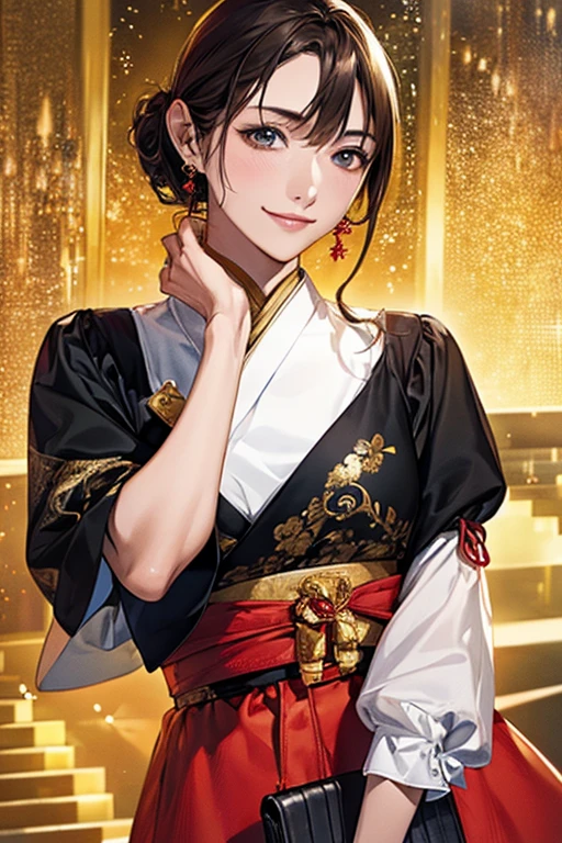 ((Highest quality)),(超High resolution),(Very detailed),(Detailed Description),((The best CG)),(masterpiece),Ultra-detailed art、(Highest quality、8k、32K、masterpiece)、(Realistic)、(Realistic:1.2)、(High resolution)、Very detailed、Very beautiful face and eyes、1 female、((:1.3))、Tight waist、Delicate body、(Highest quality、Attention to detail、Rich skin detail)、(Highest quality、8k、Oil paints:1.2)、Very detailed、(Realistic、Realistic:1.37)、Bright colors、A beautiful woman in her mid-twenties working in Ginza at night。((she、Japanese style chignon up style:1.8、Decorate with hairpins:1.3。))。The makeup is natural、Enhances natural beauty。((sheモダンにアレンジされた黒の着物風ドレス。Sleeves are short、Above-knee hem。Tightened with a red belt。A small clutch bag with a red and gold Japanese pattern。))。The neon lights of Ginza shine in the background.、It creates the atmosphere of a night town.。The style is realistic、Has a photo-like texture。she自信に満ちた表情で、Smiling at the camera。