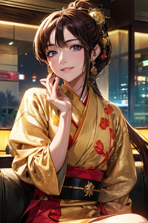 ((Highest quality)),(超High resolution),(Very detailed),(Detailed Description),((The best CG)),(masterpiece),Ultra-detailed art、(Highest quality、8k、32K、masterpiece)、(Realistic)、(Realistic:1.2)、(High resolution)、Very detailed、Very beautiful face and eyes、1 female、((:1.3))、Tight waist、Delicate body、(Highest quality、Attention to detail、Rich skin detail)、(Highest quality、8k、Oil paints:1.2)、Very detailed、(Realistic、Realistic:1.37)、Bright colors、A beautiful woman in her mid-twenties working in Ginza at night。((she、Japanese style chignon up style:1.8、Decorate with hairpins:1.3。))。The makeup is natural、Enhances natural beauty。((sheモダンにアレンジされた黒の着物風ドレス。Sleeves are short、Above-knee hem。Tightened with a red belt。A small clutch bag with a red and gold Japanese pattern。))。The neon lights of Ginza shine in the background.、It creates the atmosphere of a night town.。The style is realistic、Has a photo-like texture。she自信に満ちた表情で、Smiling at the camera。