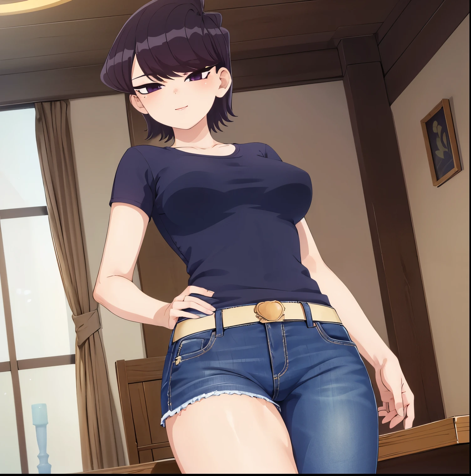 ((1girl)),((alone)), komi shuuko,(masterpiece), (best quality), (ultra detailed), (best illustration), (best shadow), (absurdities), sharp focus, cowboy shot , dynamic posture looking at the viewer, big breasts, narrow waist, wide hips, wide thighs, round butt, erotic, romantic, (very detailed eyes, lips 1.1), very detailed eyes, eyes, Very detailed face, Very beautiful face, height full, beautiful slim figure, femininity, expressive appearance, elastic large breasts, increased sexuality, short hair, dark purple hair, parted on the left side of the head, dark purple eyes, smiling, seductive, makeup, light pink lipstick, ( (beige shirt)), v-neck, short sleeves, neckline, ((denim jeans)), tight jeans, defined body, perfect and beautiful body, perfect and beautiful, closed mouth, smile, seductive smile, blushing, (pose sexy: 1.2), ((solo)), standing: 1.3, interior, Japanese house, star room, armchair, table, window, night, looking forward, ((focus on hips)), point of view :( from below), red blush, perfect anatomy, perfect hands