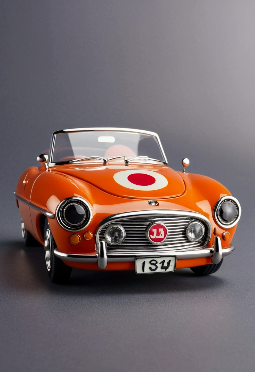 Emblem in the shape of a retro automobile, with japan flag, cobalt orange colored body, silver with uneven front, oval plate.