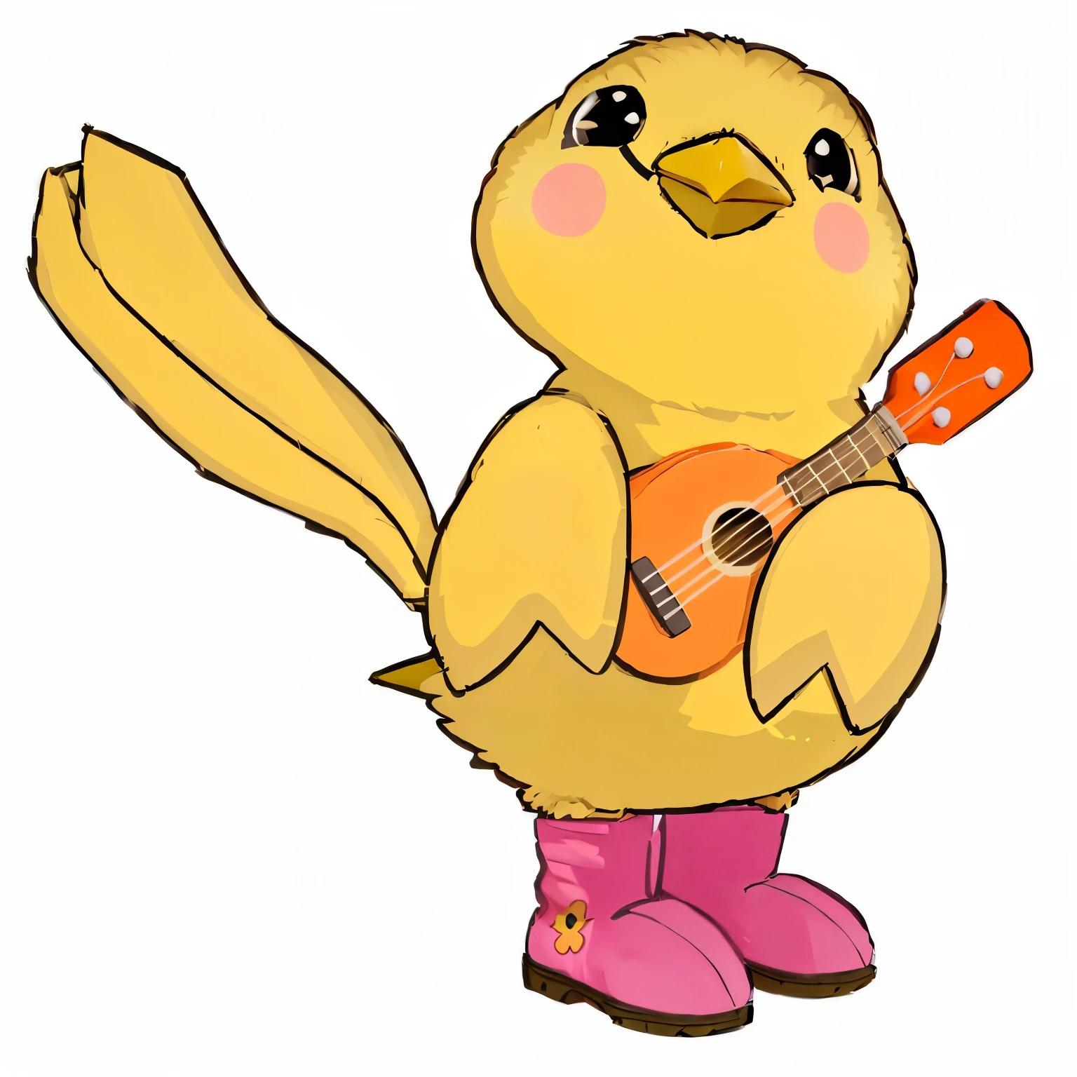 drawing of a yellow bird with pink boots and a pink boot, birb, Pidgey, poyo, anthropomorphic bird, pikachu as a human, avian!!! furson, mika pikazo, loony tunes style, sentient bird, anthropomorphized chicken, subject= drake, kitten-bird hybrid, ukulele 