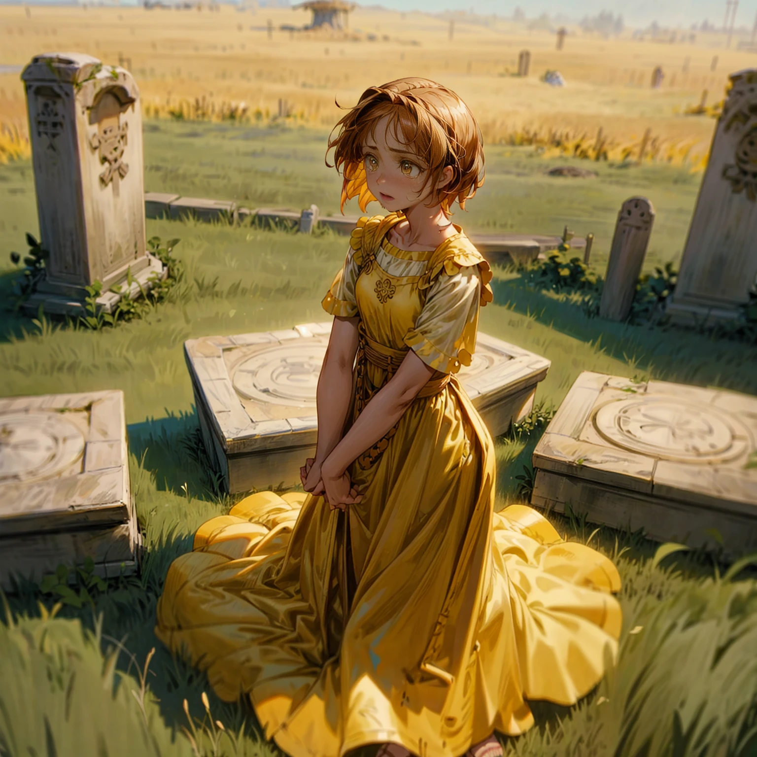 Solo character, baby ??? girl, full body version, brown hair, short haircut, yellow eyes, Ancient Roman tunic clothing, long dress, sandals, Grassroots, full background in grave, (one piece style art), crying gesture in grave