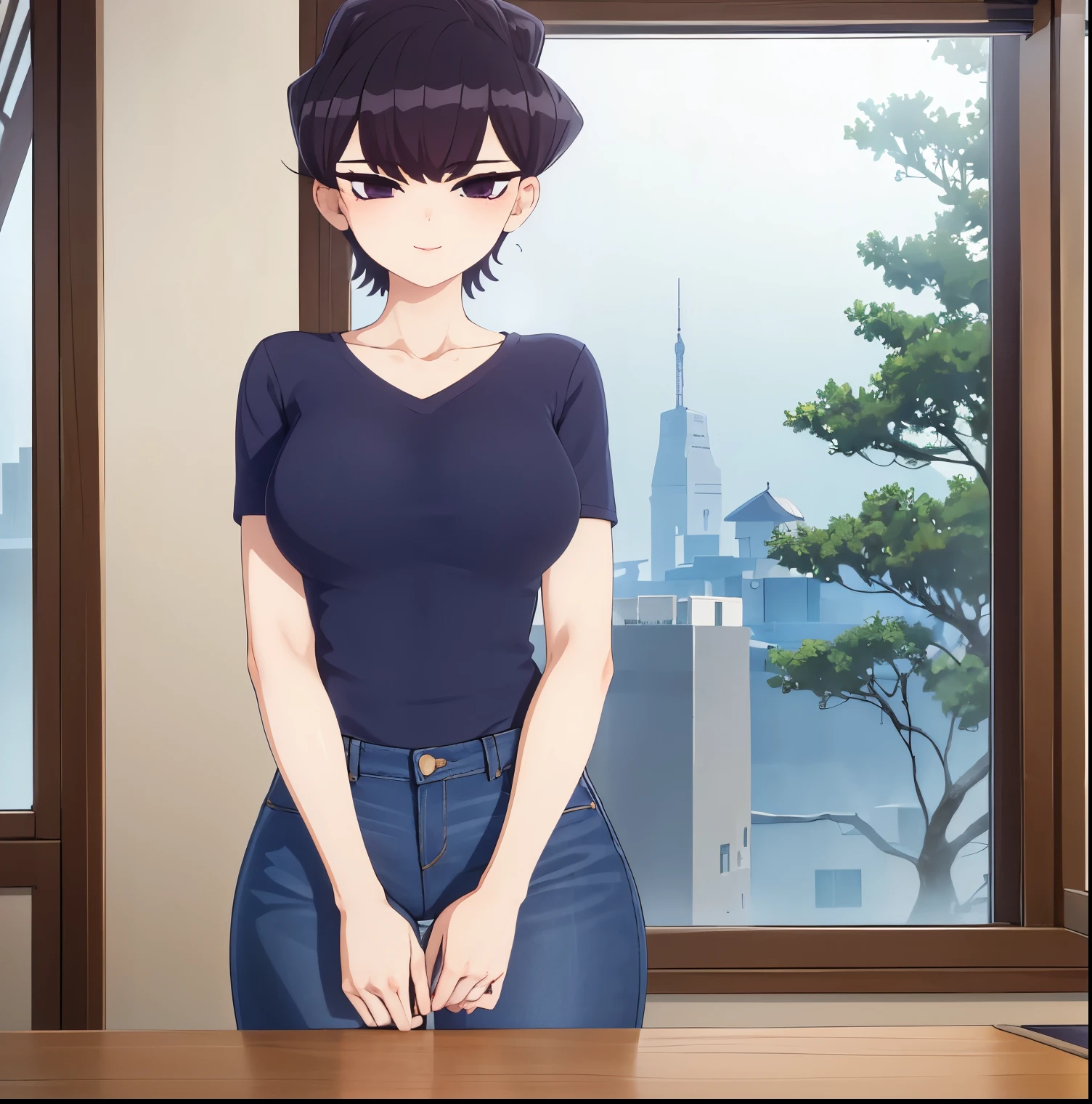 ((1girl)),((alone)), komi shuuko,(masterpiece), (best quality), (ultra detailed), (best illustration), (best shadow), (absurdities), sharp focus, cowboy shot , dynamic posture looking at the viewer, big breasts, narrow waist, wide hips, wide thighs, round butt, erotic, romantic, (very detailed eyes, lips 1.1), very detailed eyes, eyes, Very detailed face, Very beautiful face, height full, beautiful slim figure, femininity, expressive appearance, elastic large breasts, increased sexuality, short hair, dark purple hair, parted on the left side of the head, dark purple eyes, smiling, seductive, makeup, light pink lipstick, ( (beige shirt)), v-neck, short sleeves, neckline, ((denim jeans)), tight jeans, defined body, perfect and beautiful body, perfect and beautiful, closed mouth, smile, seductive smile, blushing, (pose sexy: 1.2), ((solo)), standing: 1.3, interior, Japanese house, star room, armchair, table, window, night, looking forward, ((focus on thighs)), point of view :( from below), red blush, perfect anatomy, perfect hands