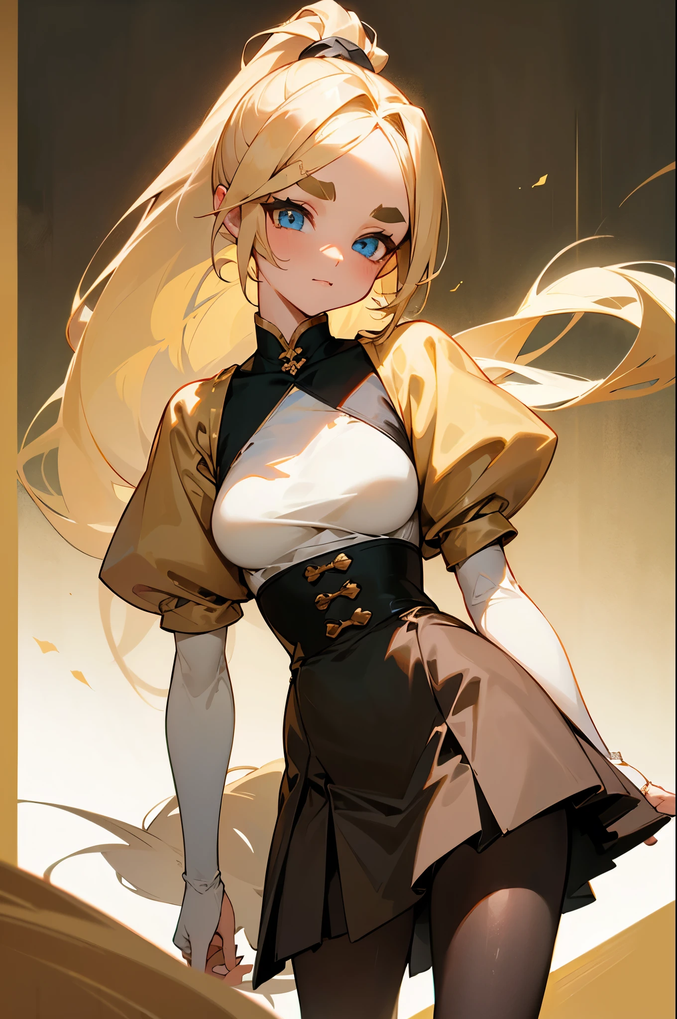 ,pantyhose,skirt,skirt,white top,boots, fashion clothing,),long golden hair,single ponytail,double tail,high ponytail,thick eyebrows, bust and waist,beautiful blonde,(masterpiece),((best quality)),(super detailed),(beautiful eyes beautiful details eyes,Clean and delicate face)