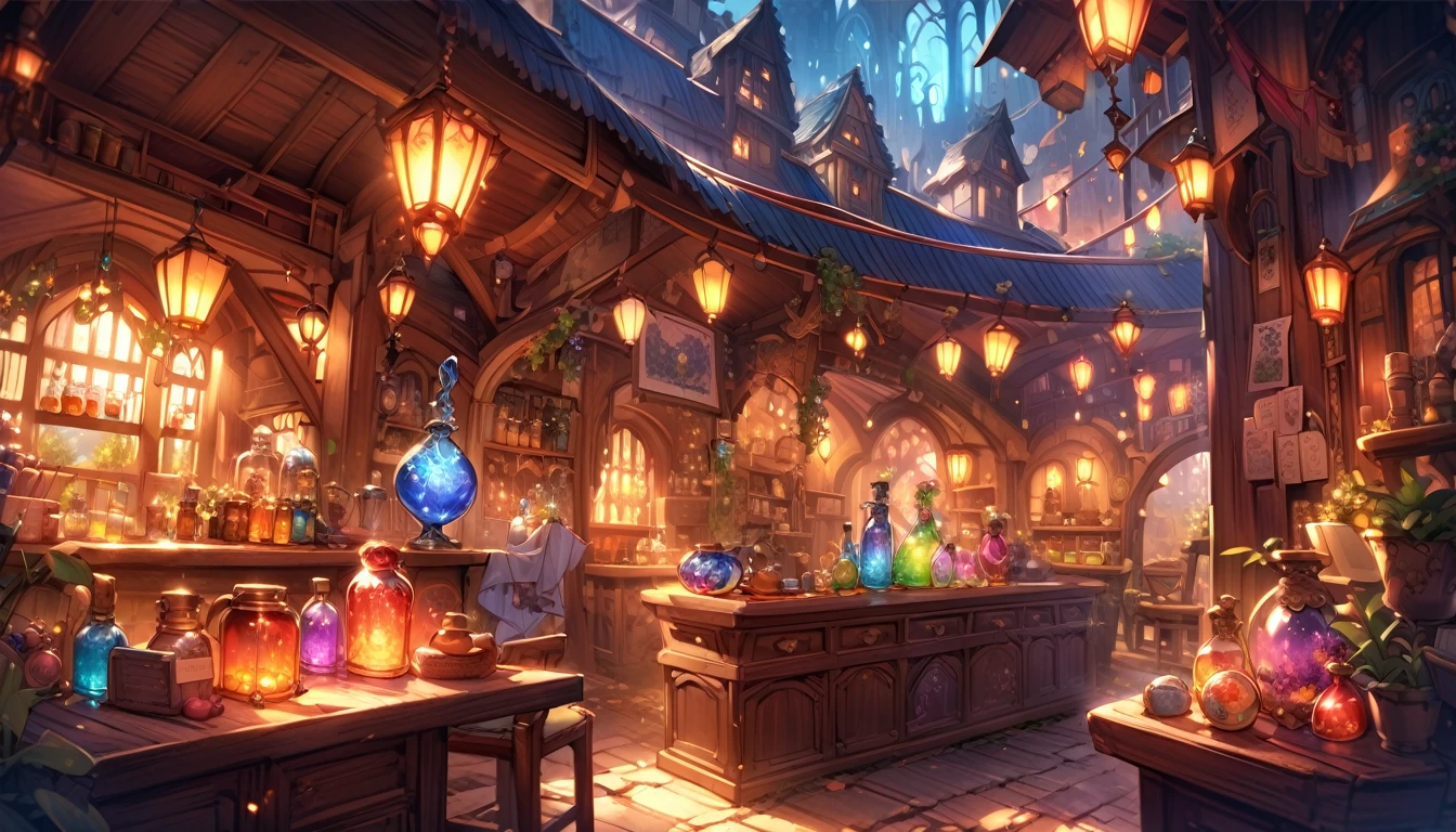 Magic Potion Shop、A large flask filled with magical liquid、magic object、Mysterious atmosphere、Warm lighting、Detailed fantasy art、Very detailed、Bright colors、Fantasy setting、Whimsical and fantastical。 