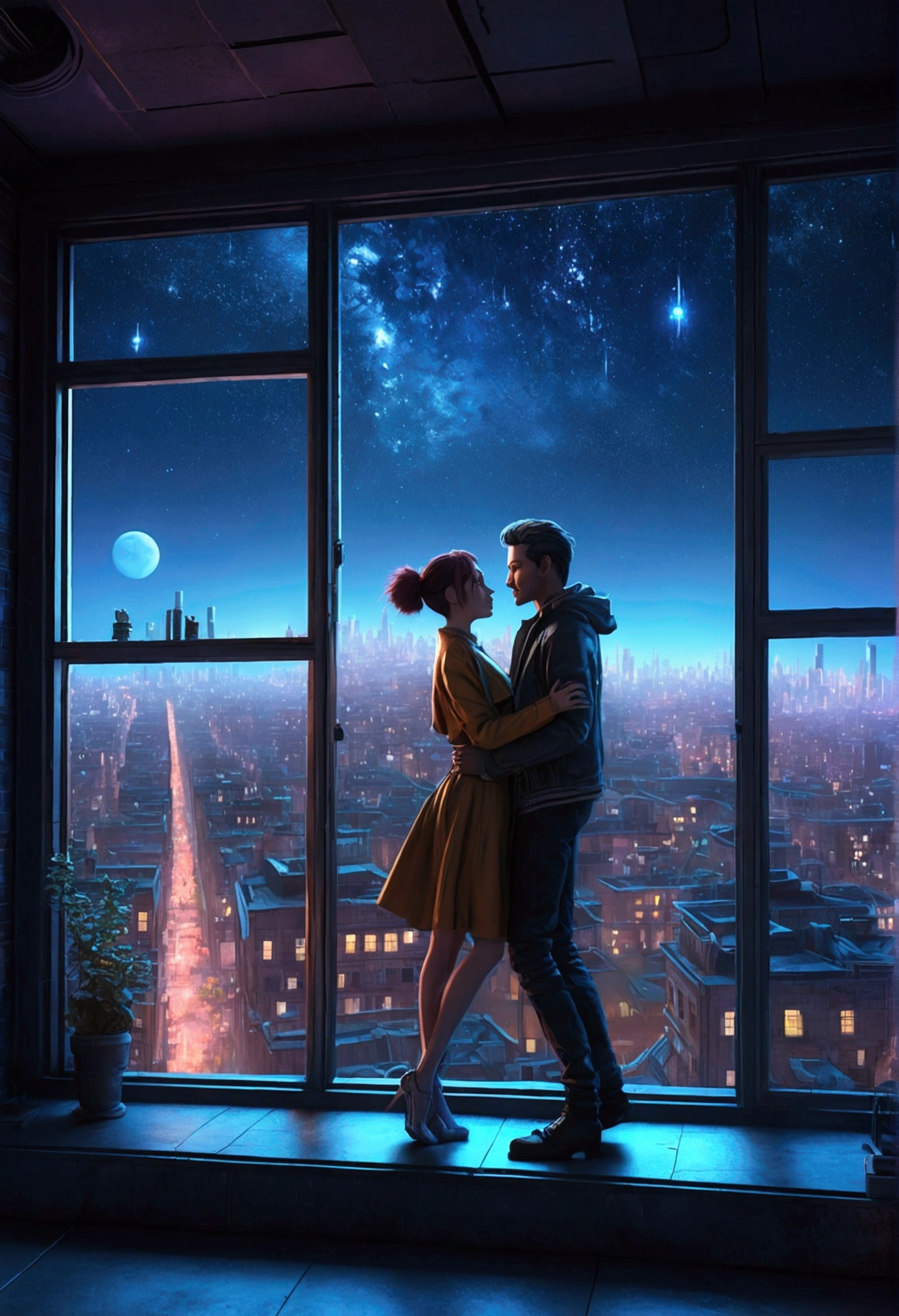 Beautiful couple in the buildings roof on the cyberpunk retro city、they are dancing in front of the stars in the ultra-realistic window at night,8K,Ultra-high definition,Pixar style,High Definition,16:9
