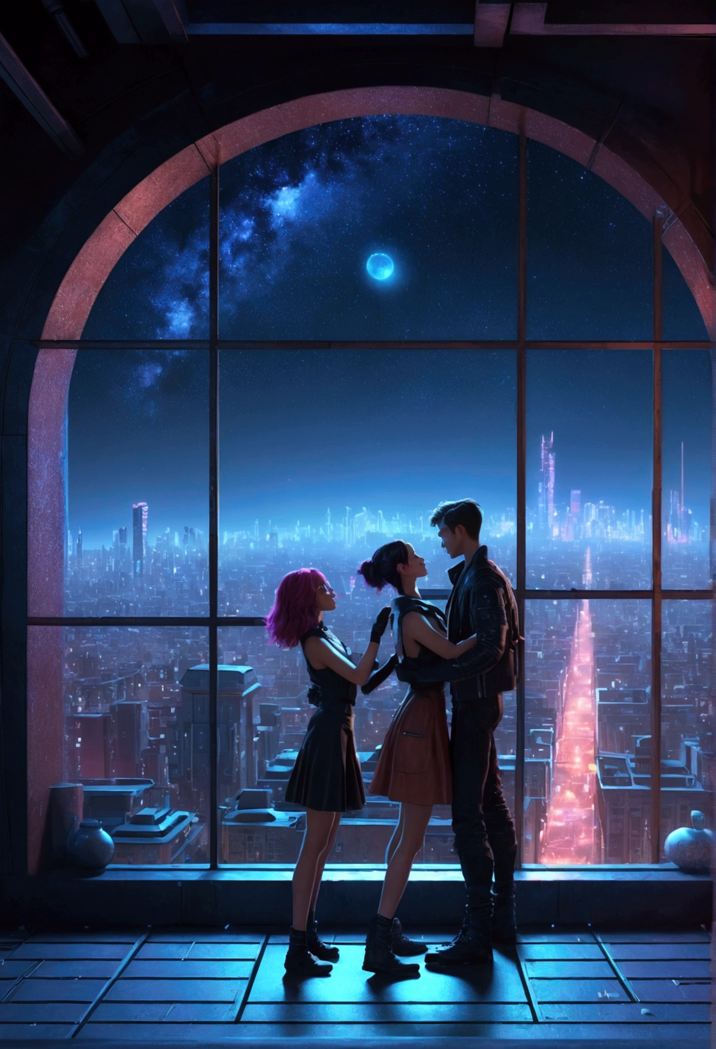 Beautiful couple in the buildings roof on the cyberpunk retro city、they are dancing in front of the stars in the ultra-realistic window at night,8K,Ultra-high definition,Pixar style,High Definition,16:9
