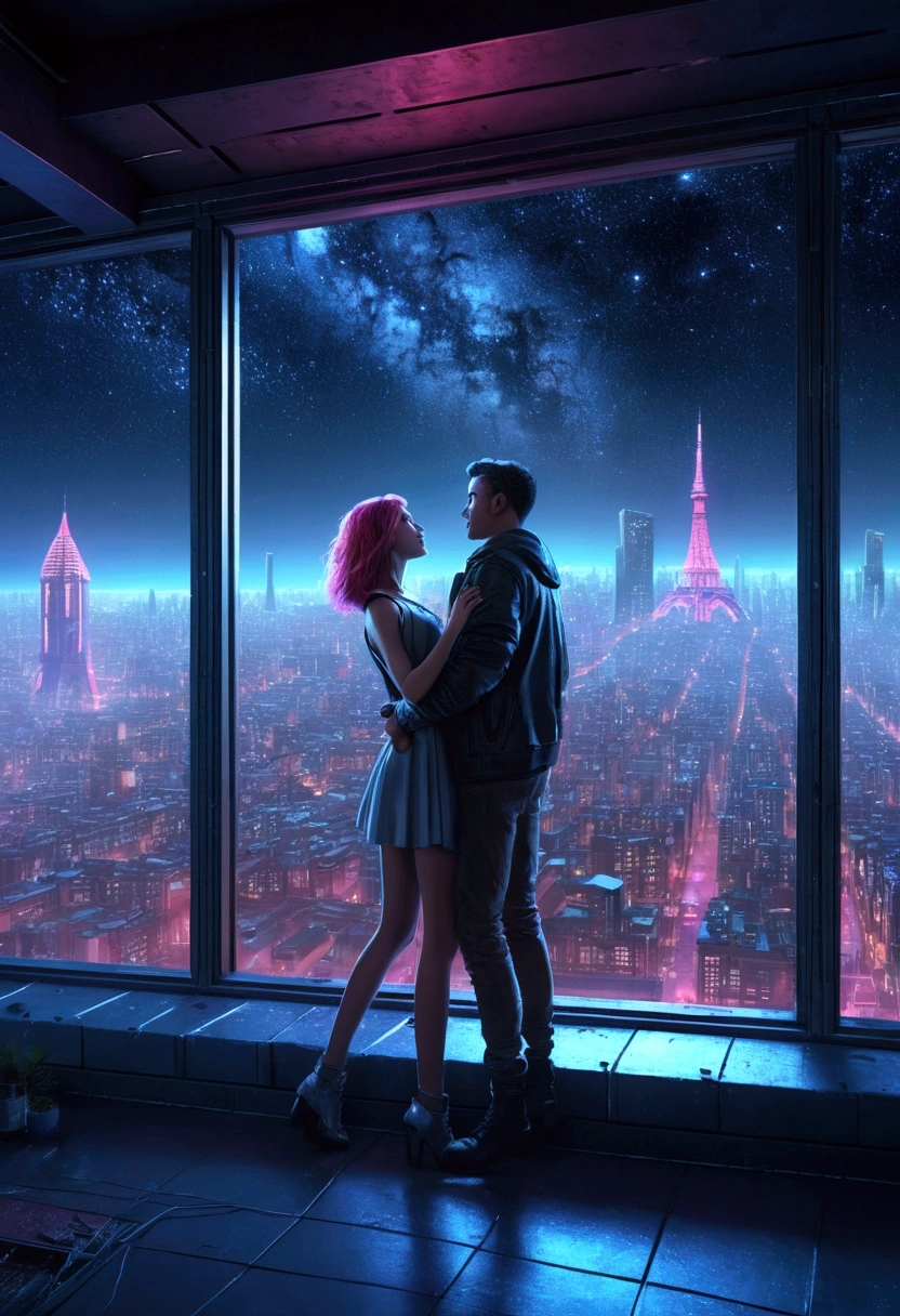Beautiful couple in the buildings roof on the cyberpunk retro city、they are dancing in front of the stars in the ultra-realistic window at night,8K,Ultra-high definition,Pixar style,High Definition,16:9