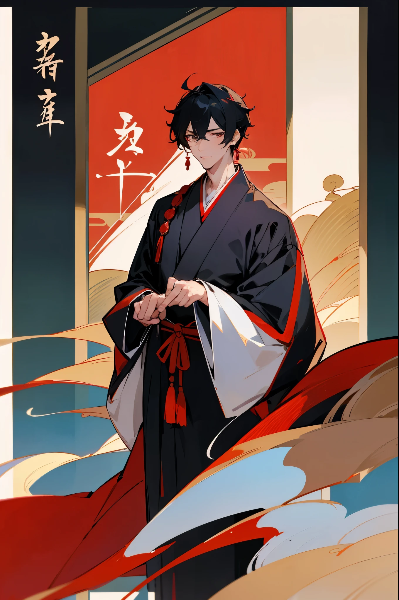 Anime character wearing a kimono costume in front of a building, ((wearing aristocrat robe)), male people、a handsome man,Best Quality、masutepiece、 in a kimono, wearing a haori, in a kimono, jpn,Red earrings、 wearing black robe、Taisho Era、Taisho Modern、Byzantines、rome、New Year