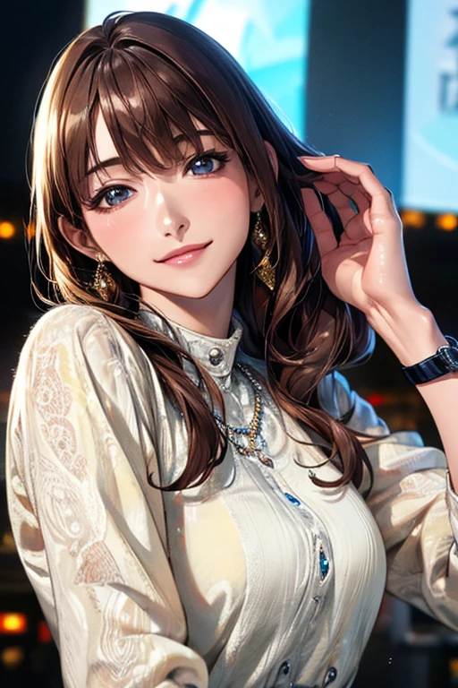 ((Highest quality)),(超High resolution),(Very detailed),(Detailed Description),((The best CG)),(masterpiece),Ultra-detailed art、(Highest quality、8k、32K、masterpiece)、(Realistic)、(Realistic:1.2)、(High resolution)、Very detailed、Very beautiful face and eyes、1 female、((:1.3))、Tight waist、Delicate body、(Highest quality、Attention to detail、Rich skin detail)、(Highest quality、8k、Oil paints:1.2)、Very detailed、(Realistic、Realistic:1.37)、Bright colors、A beautiful woman in her mid-twenties working in Ginza at night。((she、Short Bob:1.6、Pin to the side:1.3。))。The makeup is natural、Enhances natural beauty。((she白のクリスプシャツにブラックのベスト。High-waisted slim slacks。Thin silver necklace and watch。))。The neon lights of Ginza shine in the background.、It creates the atmosphere of a night town.。The style is realistic、Has a photo-like texture。she自信に満ちた表情で、Smiling at the camera。