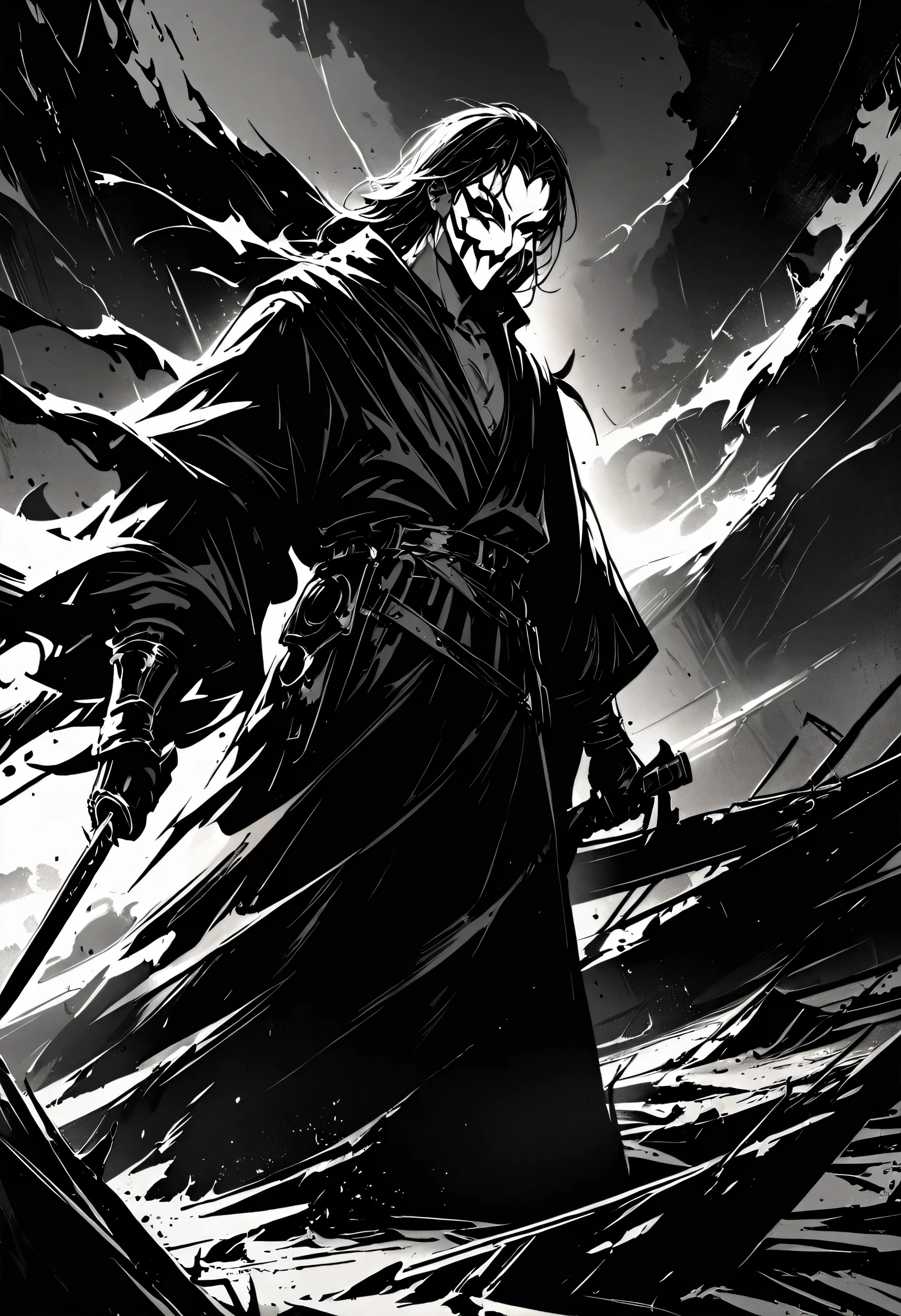 A young man in a black robe and a mask is holding a long knife in the wasteland,Lit by the sunset,Detailed dramatic lighting,Chiaroscuro,,Moody atmosphere,Dark Fantasy,Dystopia,Perseverance,Surrealism,8k,masterpiece,lifelike