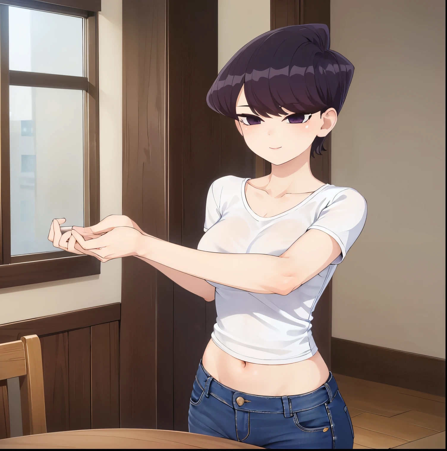 ((1girl)),((alone)), komi shuuko,(masterpiece), (best quality), (ultra detailed), (best illustration), (best shadow), (absurdities), sharp focus, cowboy shot , dynamic posture looking at the viewer, big breasts, narrow waist, wide hips, wide thighs, round butt, erotic, romantic, (very detailed eyes, lips 1.1), very detailed eyes, eyes, Very detailed face, Very beautiful face, height full, beautiful slim figure, femininity, expressive appearance, elastic big breasts, increased sexuality, ((short hair)), wavy hair, dark purple hair, parted on the left side of the head, dark purple eyes, smiling, seductive, makeup , light pink lipstick, ((beige shirt)), v-neck, short sleeves, neckline, ((denim jeans)), tight jeans, defined body, perfect and beautiful body, perfect and beautiful, closed mouth, smile, seductive smile, blushing, (sexy pose: 1.2), ((solo)), standing: 1.3, interior, Japanese house, star room, armchair, table, window, night, looking forward, ((focus on breasts) ), point of view: (from Enmedio), red blush, perfect anatomy, perfect hands