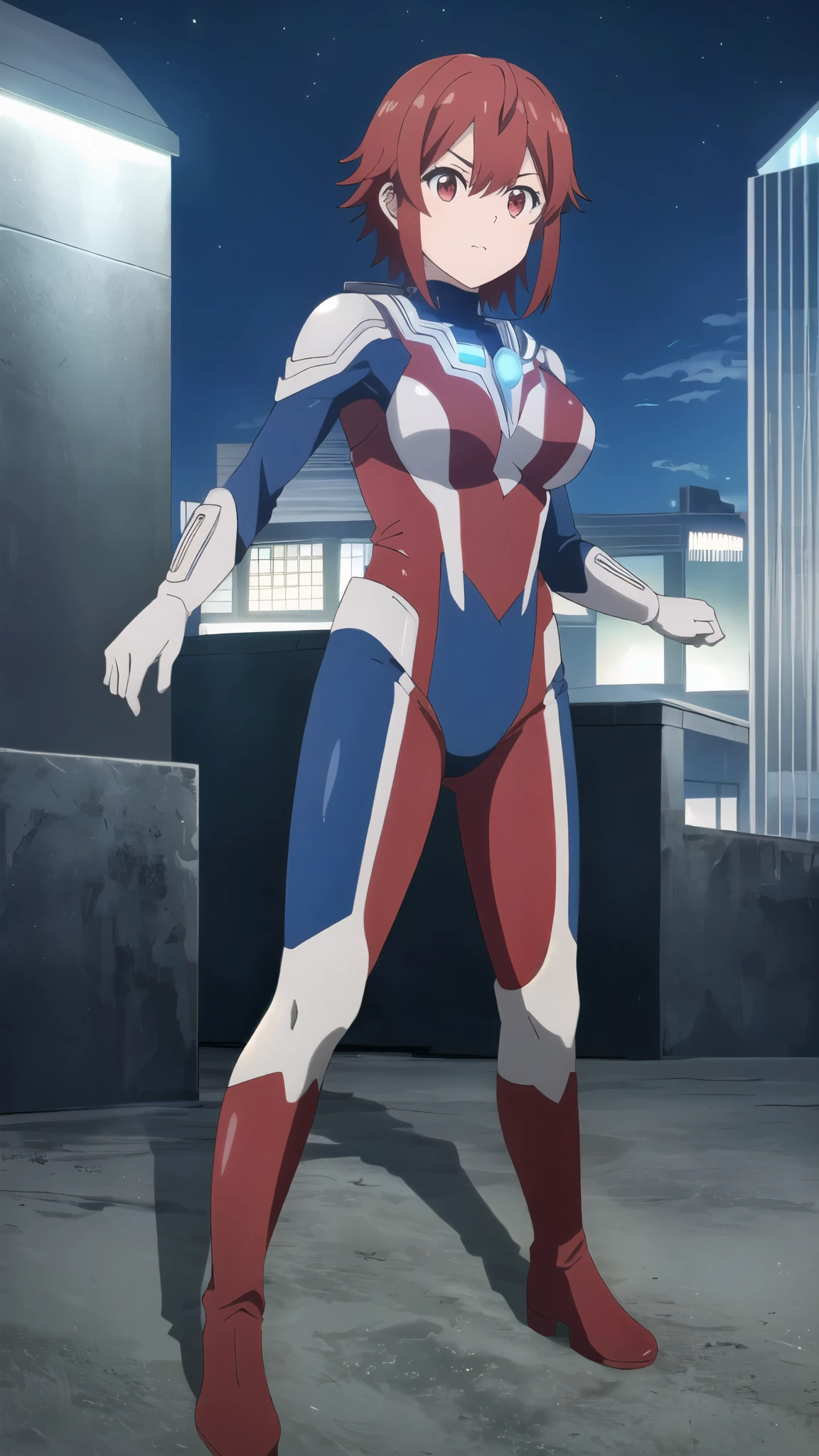 (Highest quality、masterpiece:1.2),Detailed face,Beautiful Face,(fine grain, Deep Eyes),One Girl,input, Redhead, Red eyes, short hair, Hair between the eyes, bangs, Large Breasts ,View your audience、Combat Stance、Ultraman bodysuit、Hero Suit,Tight suit,(building:1.2)、Night view