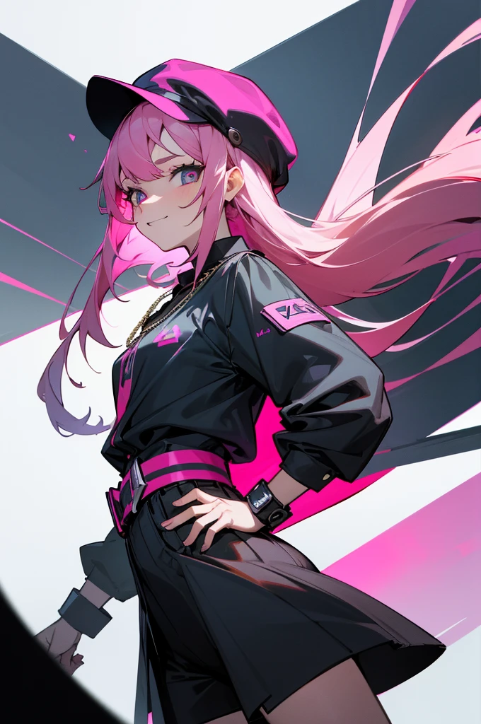 (absurdres, 8k, 4k, masterpiece, hyper extreme detailed:1.2), solo, 1girl, front view, perfect face, 1girl, portrait, expressive eyes, looking at viewer, solo, standing, female, pale, , looking forward, front view, confident, wind, windy, moving hair, front view, mature tomboy, , Newsboy Cap, long pink hair, black shorts, yellow belt, waist jacket, dark blue, medium bust, black wrist cuffs, black pupils, dark pink irises, hair down to back, egotistical, powerful, strong, proud, arrogant, ripped clothes, blue newsboy cap, right hand on hip, streetwear, fashionable, crazy face, crazy eyes, crazy smile, right bangs, necklace,