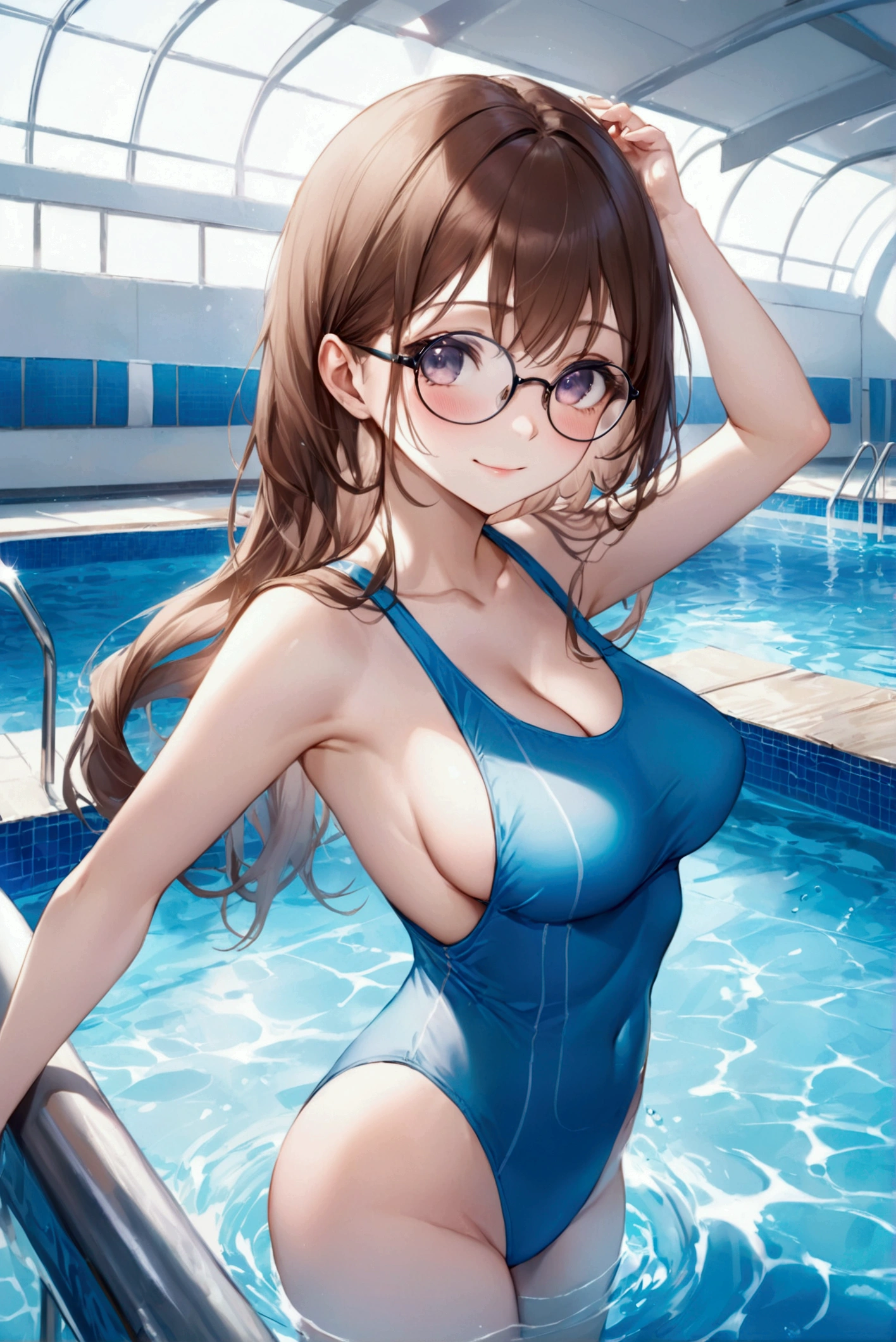 (Highest quality, 8k, 32K, masterpiece, Ultra-high resolution,:1.2),born, One girl,Super cute , Natural light,Clear, shining eyes, 20-year-old ,Fair skin, Brown Haired Girl, Woman warrior, Sexy pose, An innocent smile, School swimming pool, A fantasy background reminiscent of an electronic world, Long Hair, Long Hair, Large Breasts, adult, School Swimsuit, Ocean, Ocean岸, School swimsuit, Glasses, binder, teacher