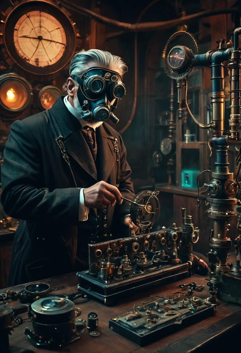 A high-quality, detailed cinematic film still in the style of cyberpunk and steampunk. Centered in this picture is an older evil scientist in his mysterious science lab. He is wearing a uniquely fashioned mask, his eyes are full of wrath and anger. Complementing his eerie presence, a pair of steampunk-styled sunglasses lays nearby. The background is filled with a blend of dark, moody colors creating an atmospheric, dramatic aura around him. He is working on creating an homunculus, a tiny humanoid figure, adding superficial depth to the image. The image features the aesthetics of a granular, grainy film, color graded and post-processed to perfection, enhancing its cinematic scope and making it a frame worthy of being regarded as a masterpiece.